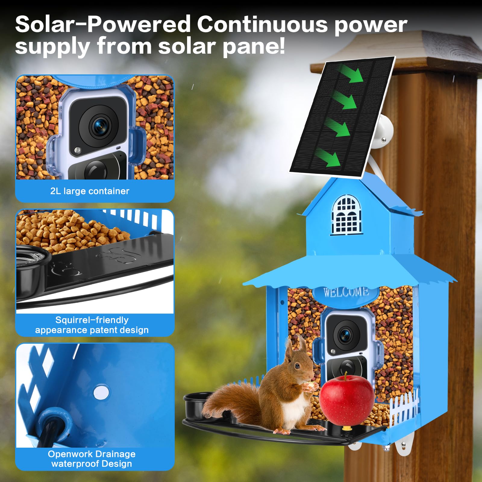Squirrel Feeder with Camera Solar Powered,Metal Smart Squirrel Feeder Camera with Corn Cob Holder,Squirrel Houses for Outside,2K HD Live View,Ideal for Squirrel Lover