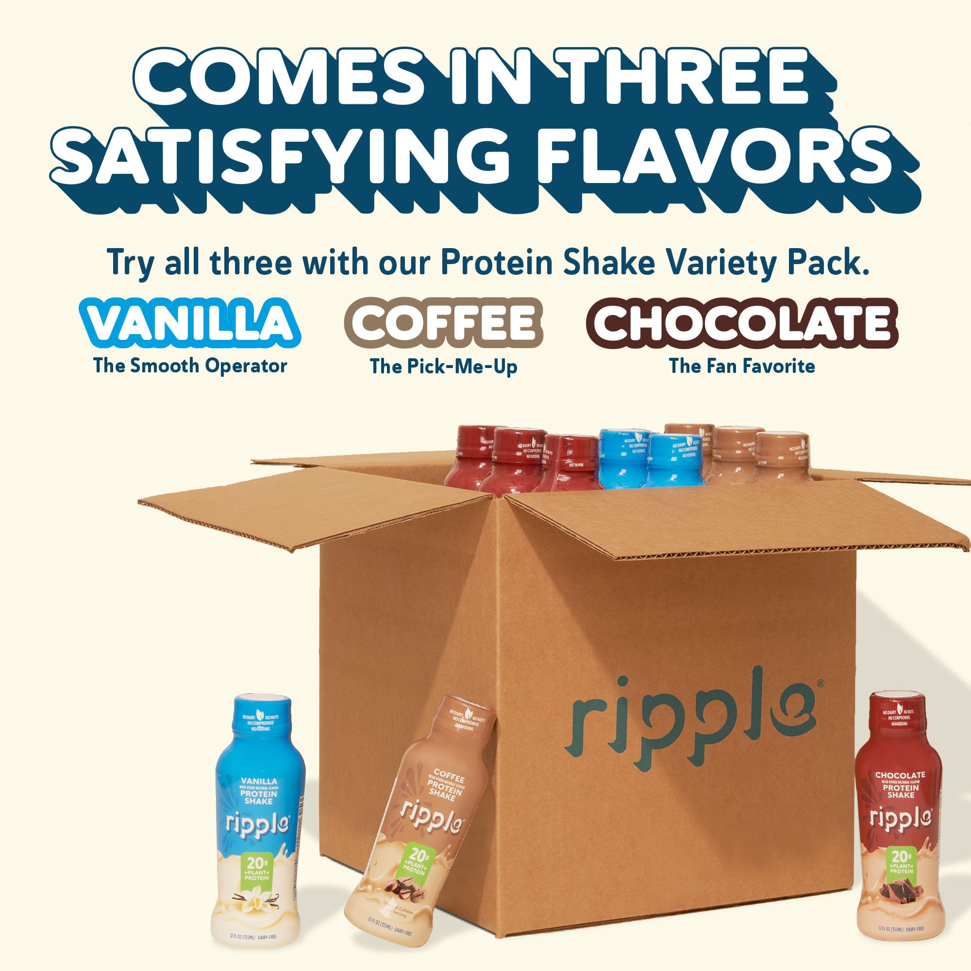 Ripple Vegan Protein Shake | Vanilla | 20g Nutritious Plant Based Pea Protein | Shelf Stable | No GMOs, Soy, Nut, Gluten, Lactose | 12 Oz, 12 Pack