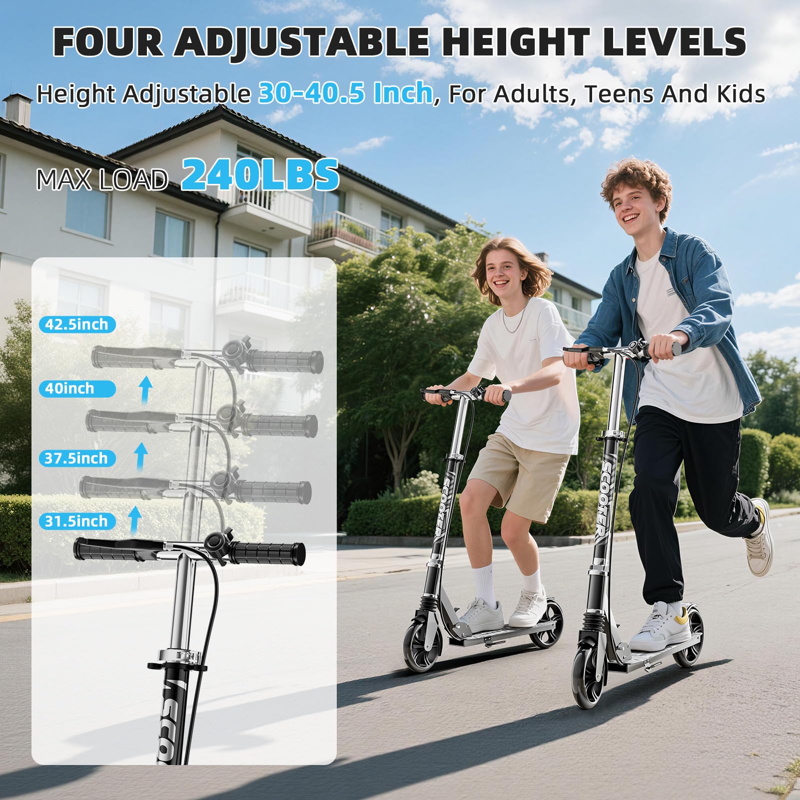 Scooters for Kids 8-12, Teens & Adults - Load 240 LBS, 8-Inch Wheels, Kick Scooter with Shock Absorption System, Hand Brake & Bell, 4 Adjustable Height Levels, Perfect for School, Commuting or Park