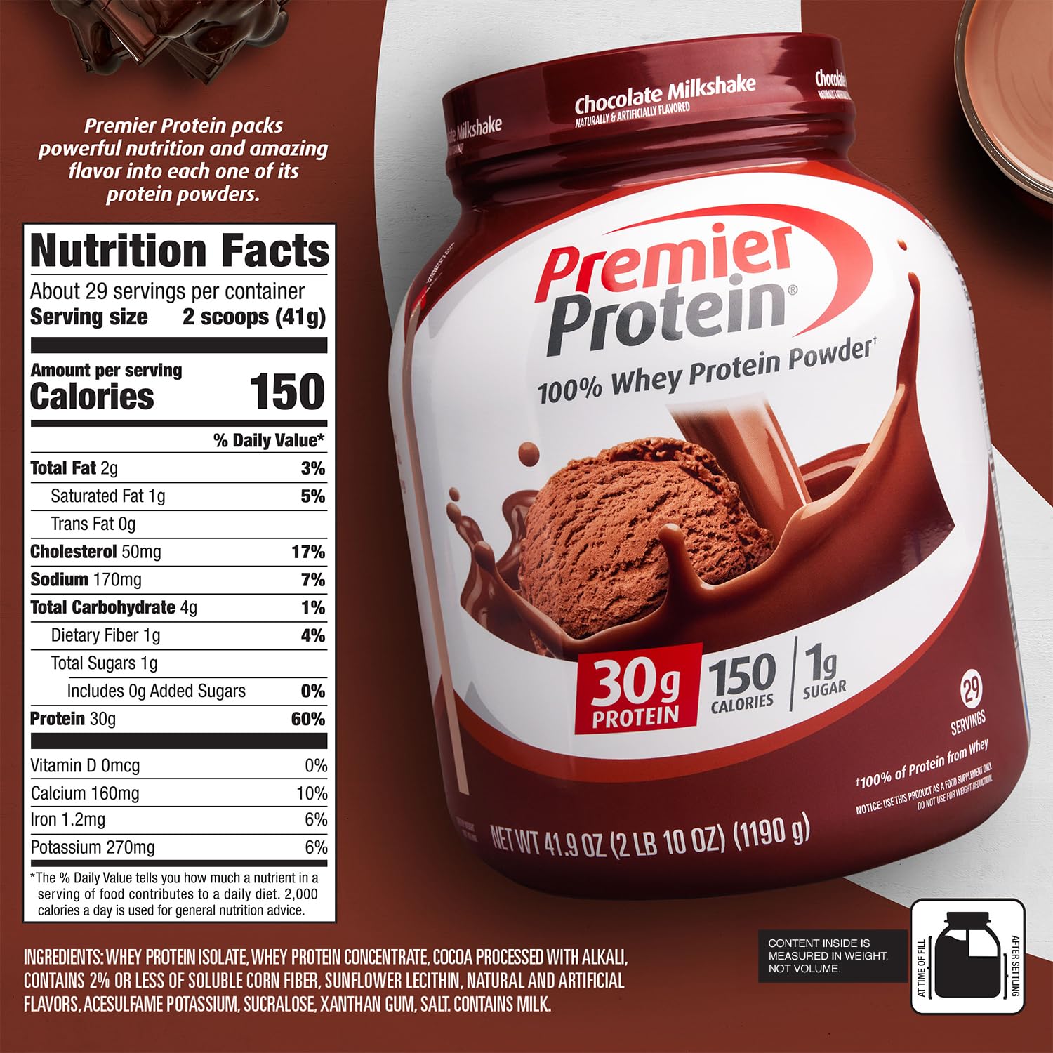 Premier Protein Protein Powder, 30g Protein, 1g Sugar, No Soy Ingredients, Gluten Free, Chocolate Milkshake, 29 Servings, 41.9oz