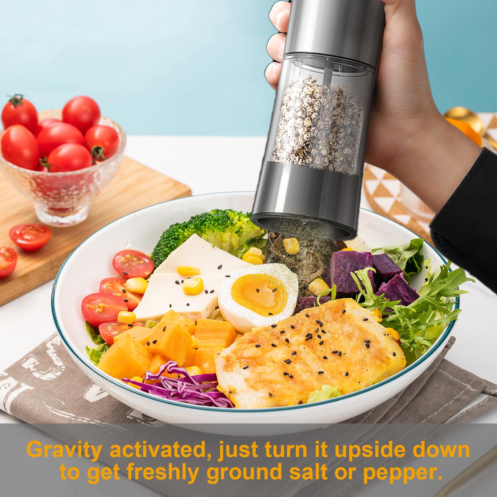 Electric Salt and Pepper Grinder Set — Gravity Rechargeable Salt Pepper Grinder with Charging Base and LED Light, Adjustable Coarseness, Large Capacity, One-handed Operation Salt Pepper Mills