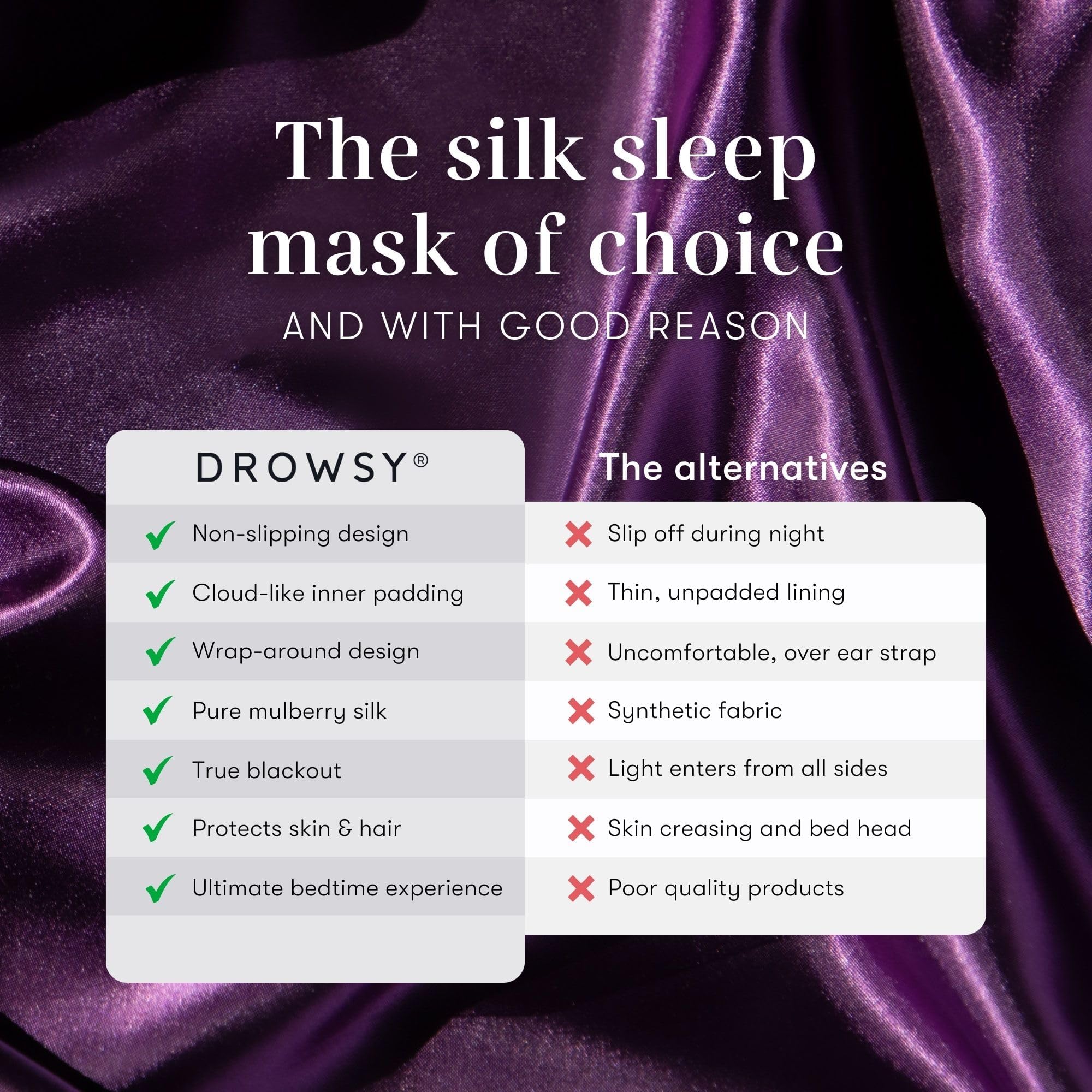 DROWSY Silk Sleep Mask. Face-Hugging, Padded Silk Cocoon for Luxury Sleep in Total Darkness. (Purple Martini)