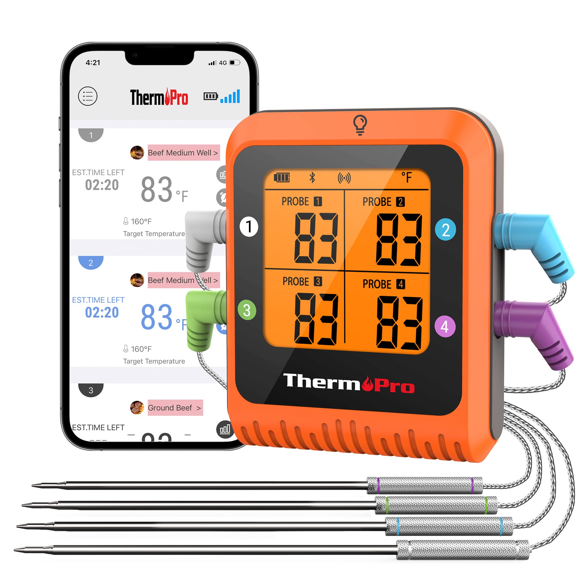 ThermoPro TP930 650FT Wireless Meat Thermometer, Bluetooth Meat Thermometer with 4 Color-Coded Meat Probes, Grill Thermometer with Timer, Commercial Cooking Tools & Utensils Meat Thermometer Wireless