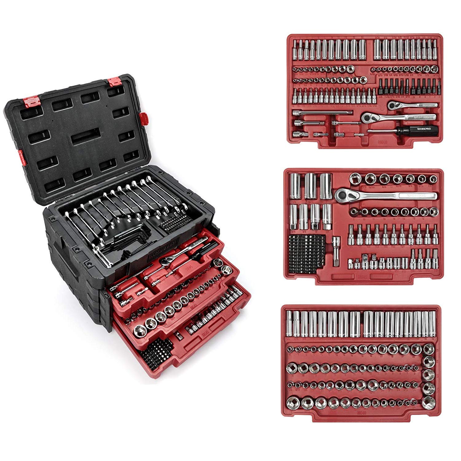 WORKPRO 450-Piece Drive Socket Set 1/2" 1/4" 3/8", CR-V Metric and Imperial with Quick-Release Ratchet Wrench, Spanners, Bits Set, Mechanics Tool for Car Repair