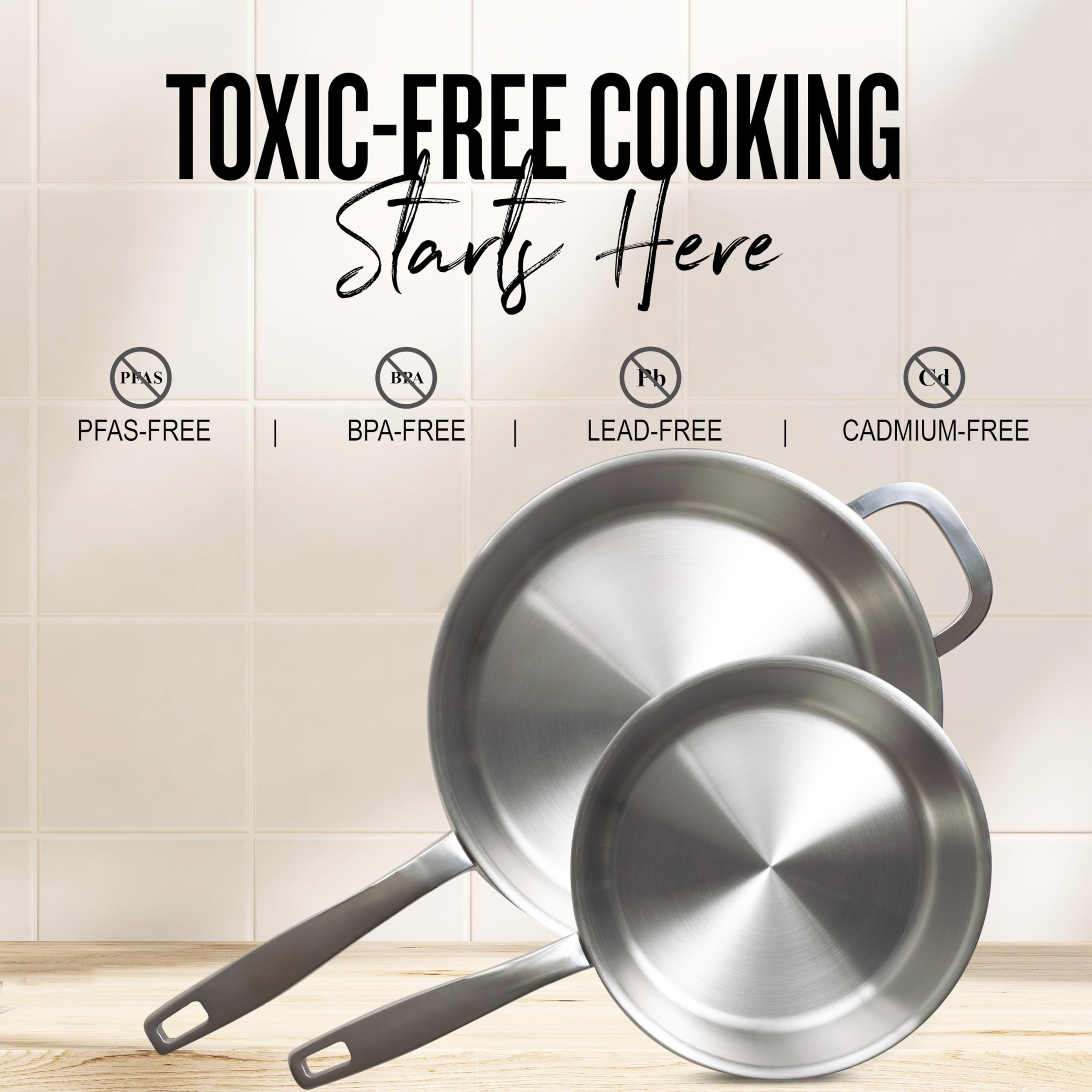 Alva Maestro 5-Ply Stainless Steel Frying Pan 8″ – Non-Toxic, Made without PFAS/PFOA/PTFE – Pro-Level Heat Control for No Hotspots, Induction & Oven Safe, Works on All Stovetops, Perfect Searing