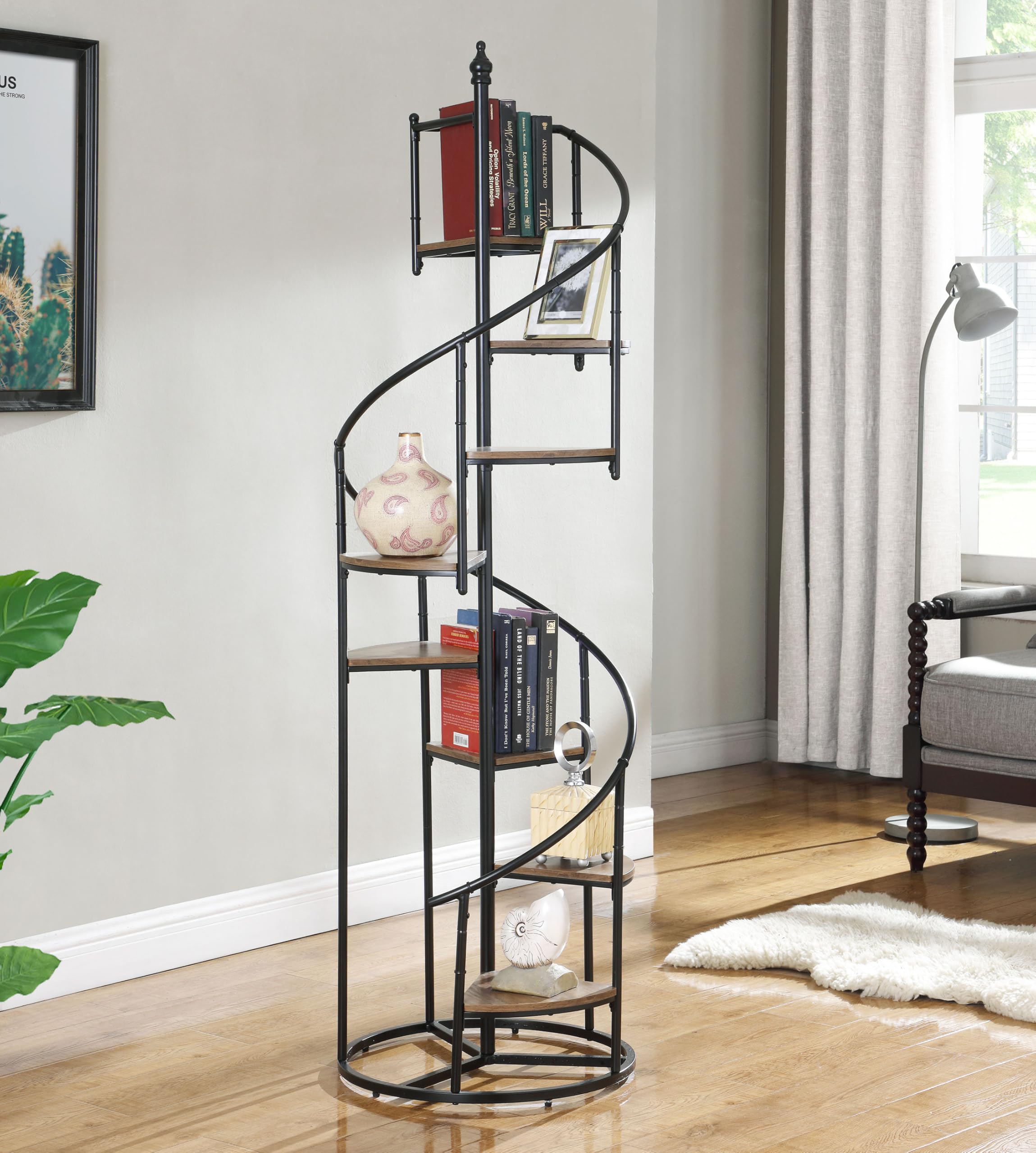 Coaster Home Furnishings - Roseglen - Metal & Wood - 8-Shelf Spiral Staircase Bookshelf with Triangular Shelves and Spiral Staircase Shelf - Home Office & Living Room - 69 Inch - Rustic Brown - 805675