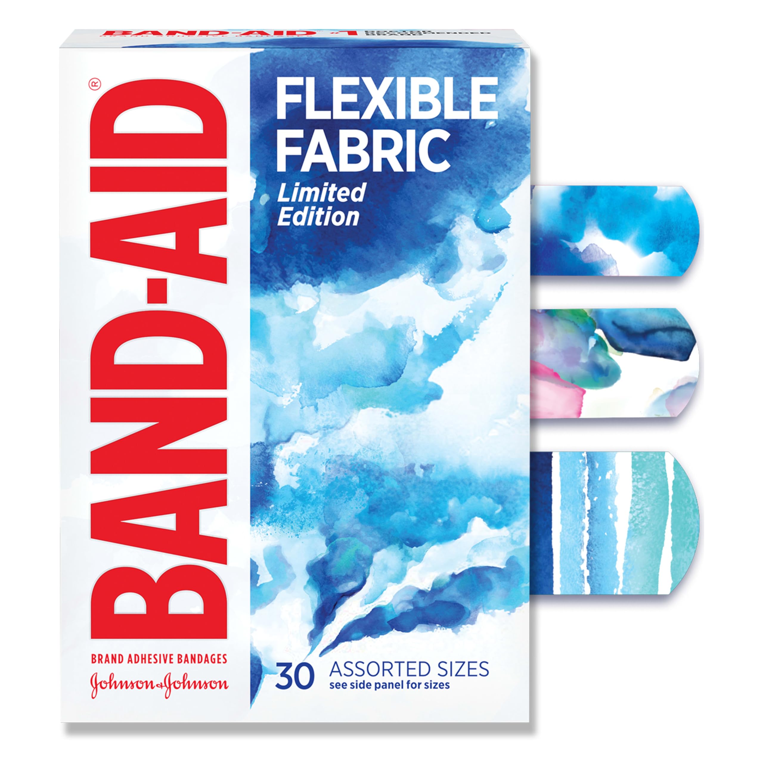 Band-Aid Brand Flexible Fabric Adhesive Bandages, Comfortable Flexible Protection & Wound Care for Minor Cuts & Scrapes, First Aid Bandage with a Water Color Design, Assorted Sizes, 30 ct