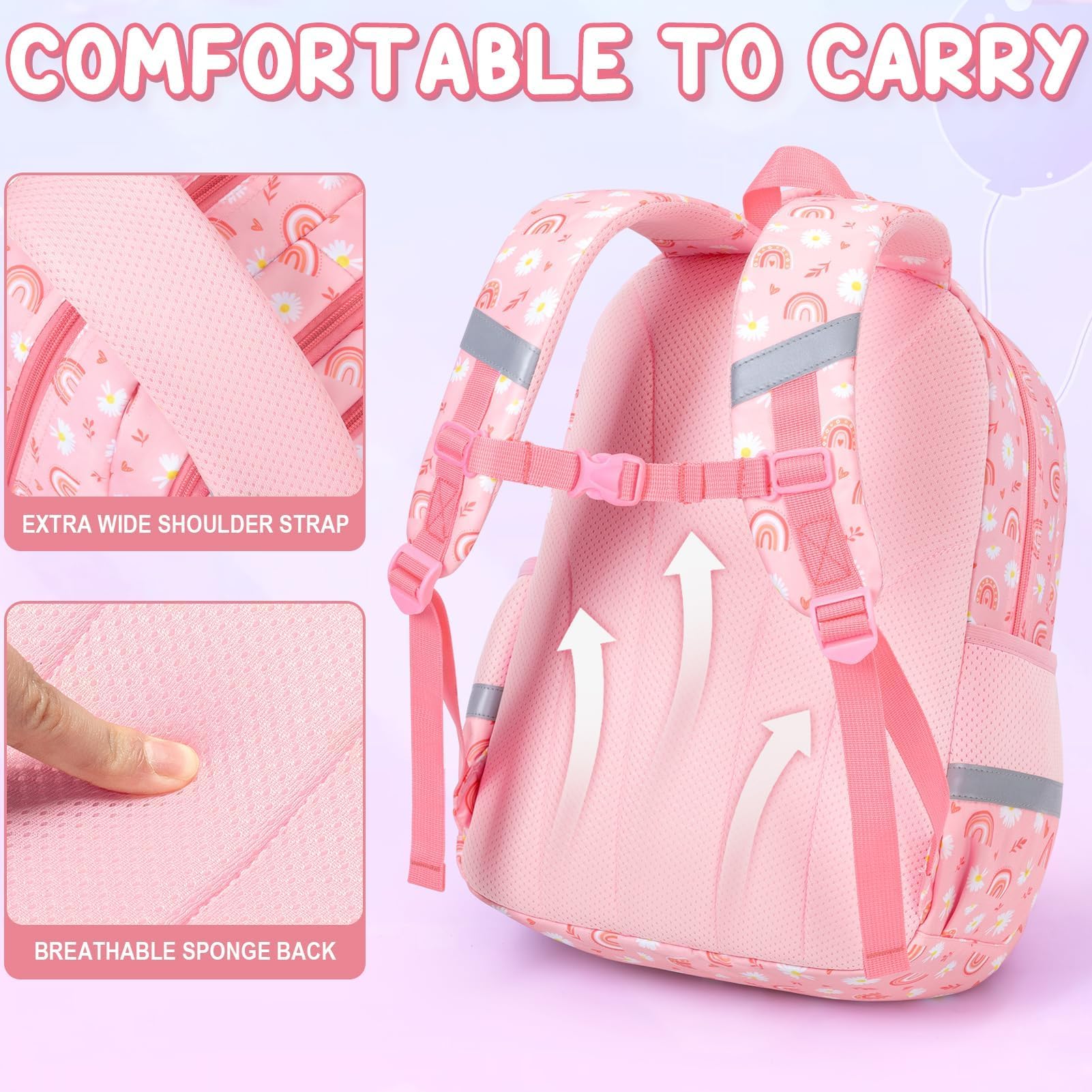 Fimibuke Kid Backpack for School Girl - 3PCS Waterproof Toddler School Bag Cute Bookbag Set with Lunch Box & Pencil Case for Preschool Kindergarten Elementary Back to School Student Ages 3-12, Rainbow
