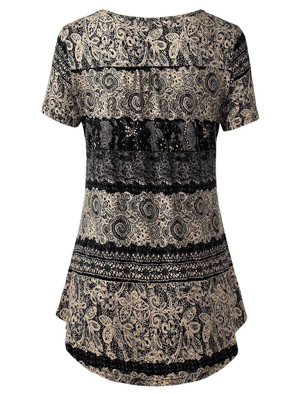 BAISHENGGT Women's Summer Short Sleeve Tops Bavarian Collar Pleated Button Henley Shirt Flared Tunic Shirts Black - Tribal L
