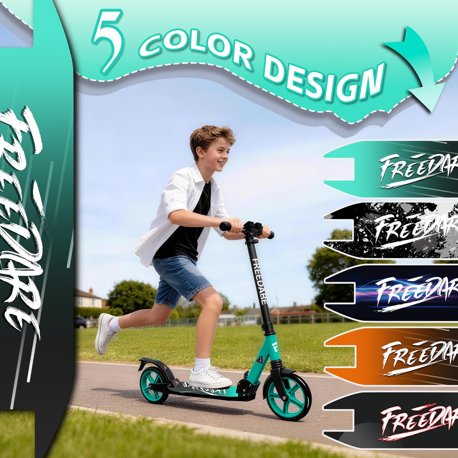 FREEDARE Kick Scooter for Kids & Adults Ages 8+, Foldable Teen Scooter with 2 Big 8-inch Wheels and 4-Level Adjustable Handlebar, Max Load 220 LBS, Green