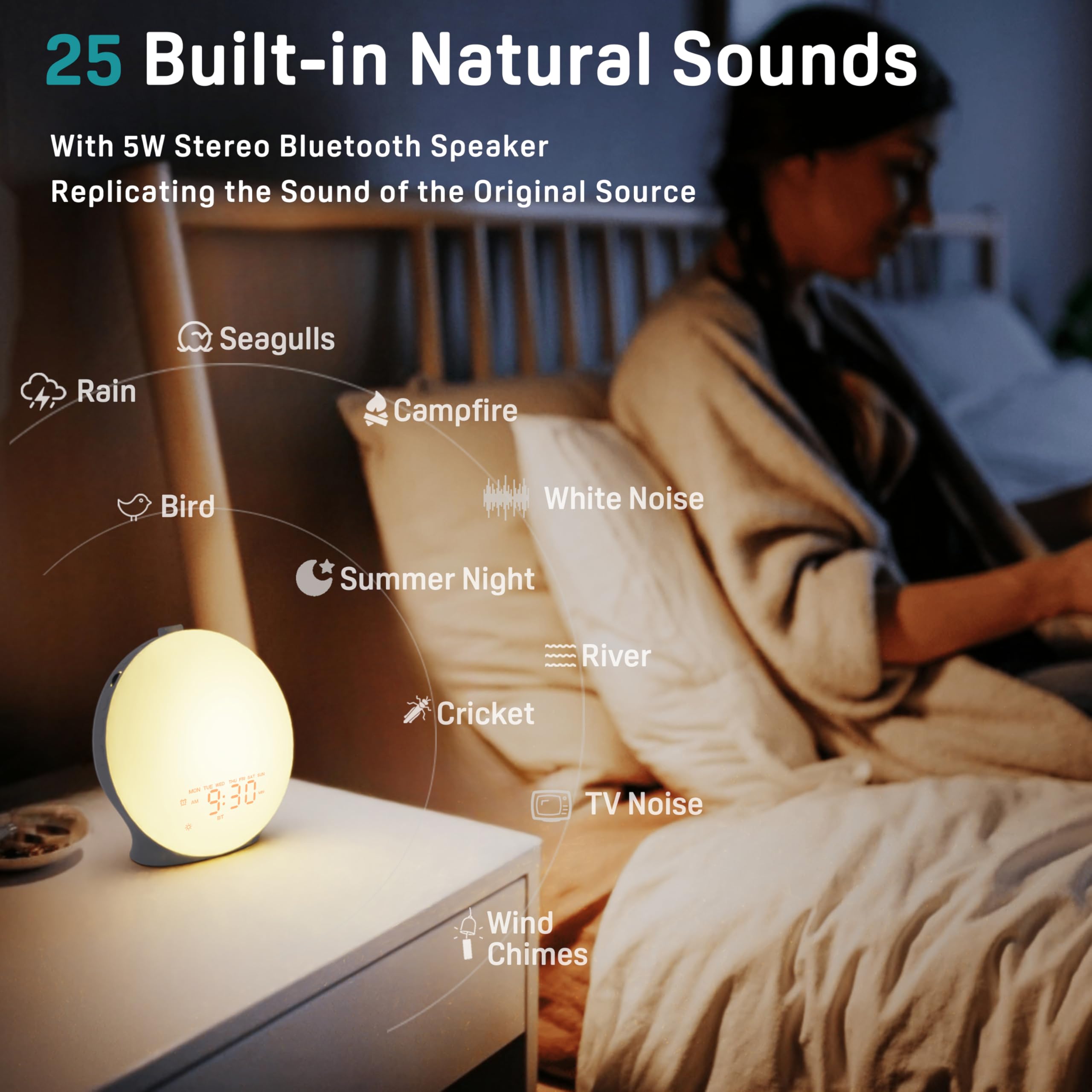 Sunrise Alarm Clock White Noise Sound Machine with 25 Soothing Sounds, 17 NightLights, Bluetooth Speaker Wake Up Light Alarm Clock for Bedrooms, Heavy Sleepers, Baby, Kids, Adults, Seniors, Ideal Gift
