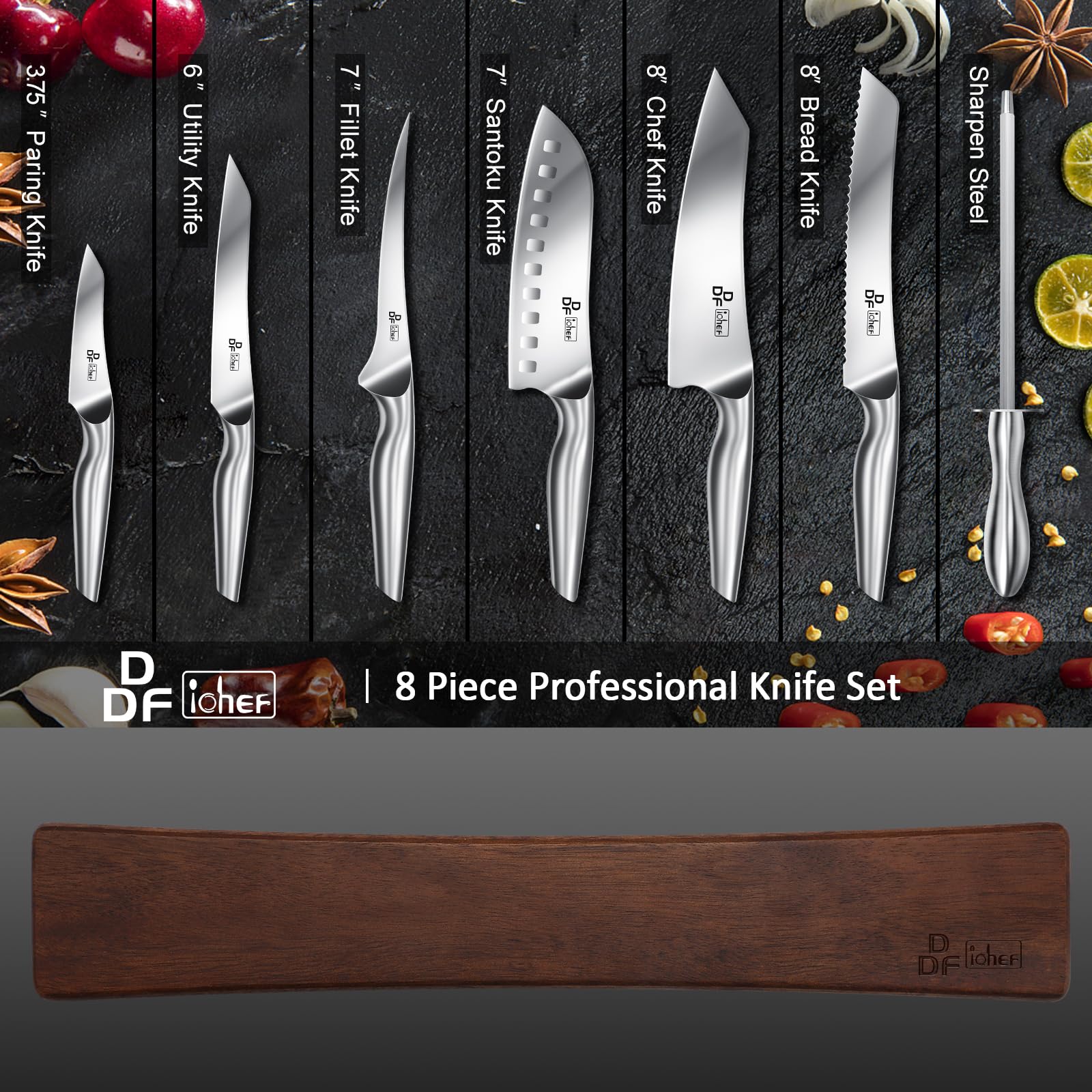 DDF iohEF Knife Set with Knife Strip, 8 Piece Professional Kitchen Knife Set, Japanese High Carbon Stainless Steel Chef Knives Set with Magnetic Knife Holder for Wall