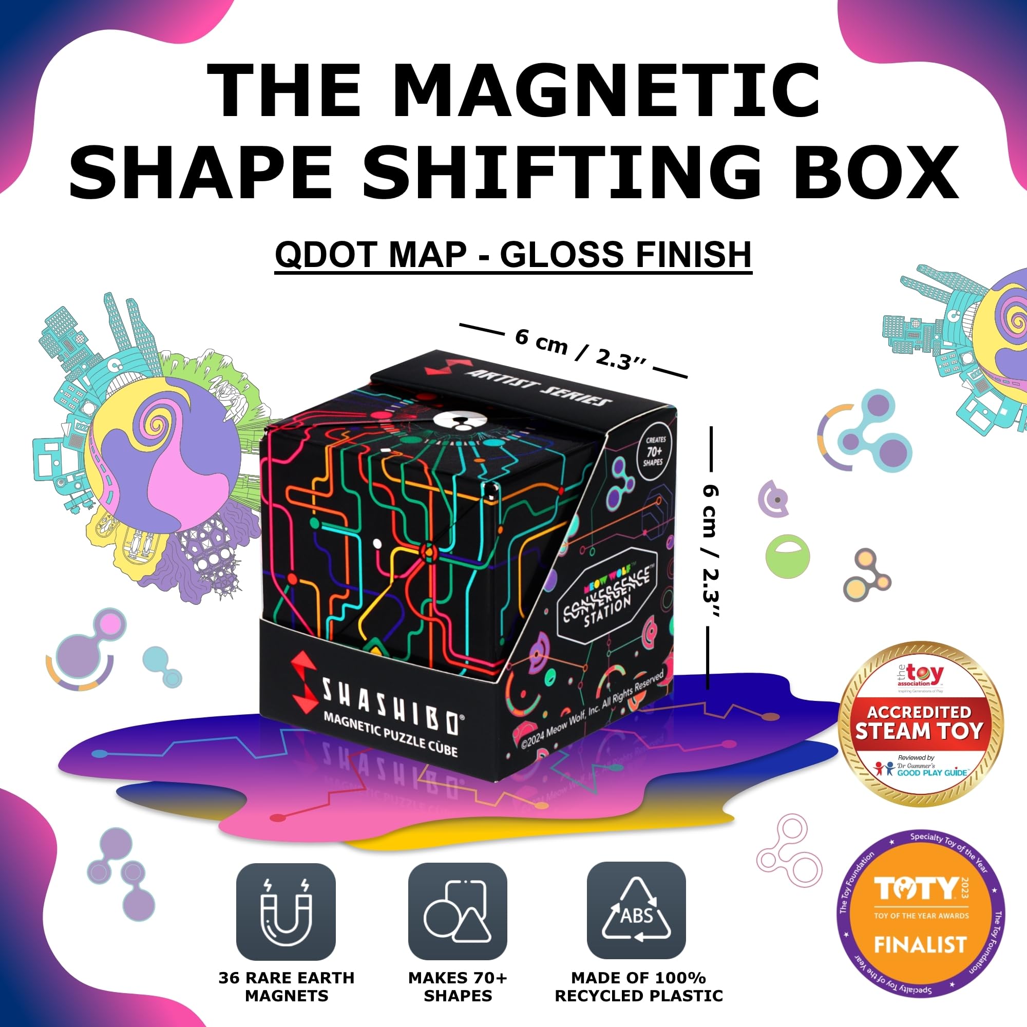 SHASHIBO Meow Wolf- Shape Shifting Box - Award-Winning, Patented Magnetic Puzzle Cube w/ 36 Rare Earth Magnets - Fidget Transforms Into Over 70 Shapes (QDOT Map)