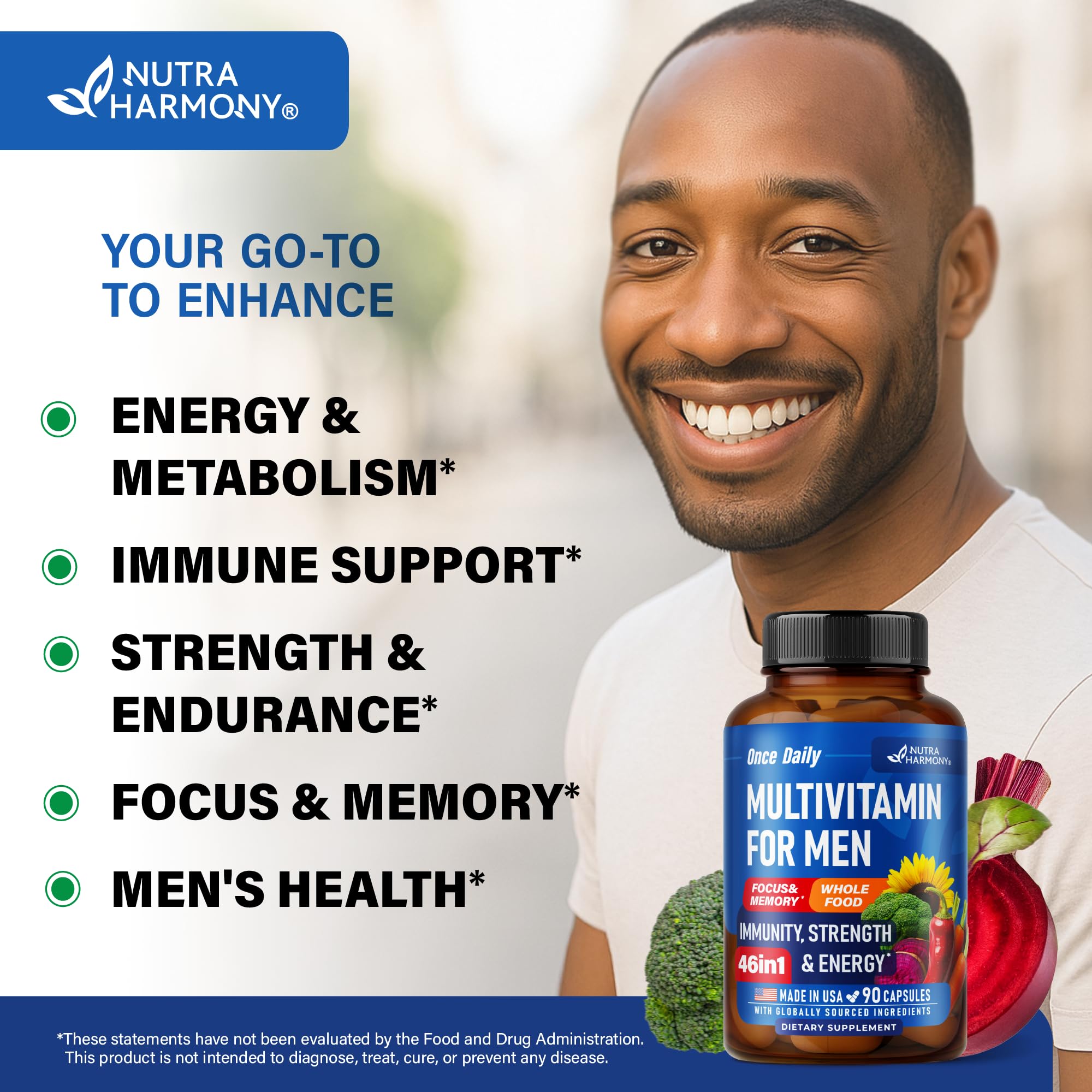 Multivitamin for Men - B-Complex | Whole Foods & Enzymes - Energy, Focus & Brain | Men's Health Complex - 46in1 Mens Multivitamin - Bioavailable & Gentle on Stomach - Made in USA - 90 Capsules, 1/Day