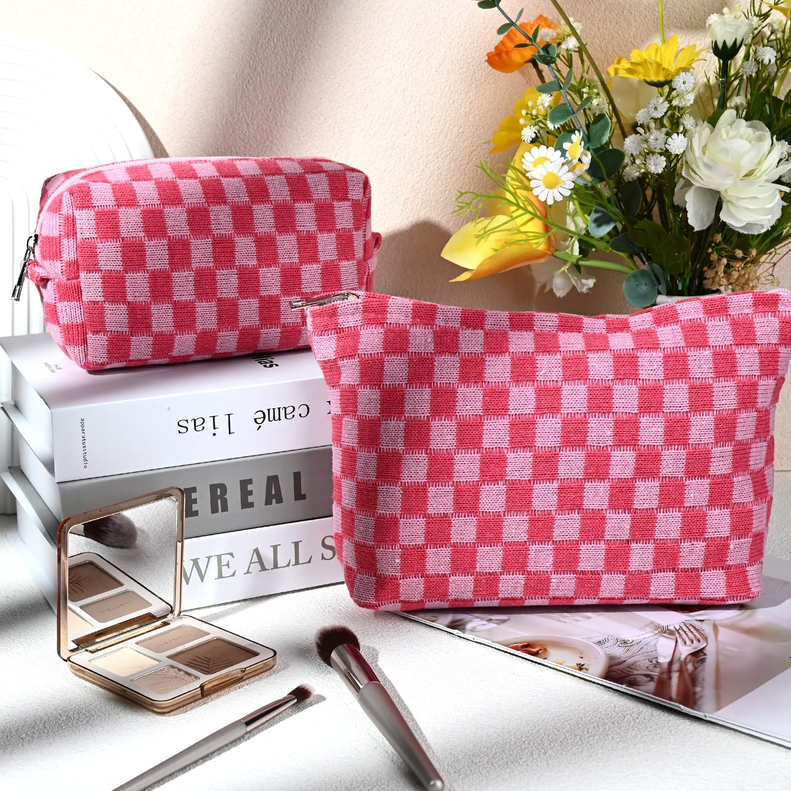 SOIDRAM 2 Pieces Makeup Bag Large Checkered Cosmetic Bag Capacity Canvas Mix Travel Toiletry Bag Organizer Cute Makeup Brushes Aesthetic Accessories Storage Bag for Women, Checkered Mix Rose Red