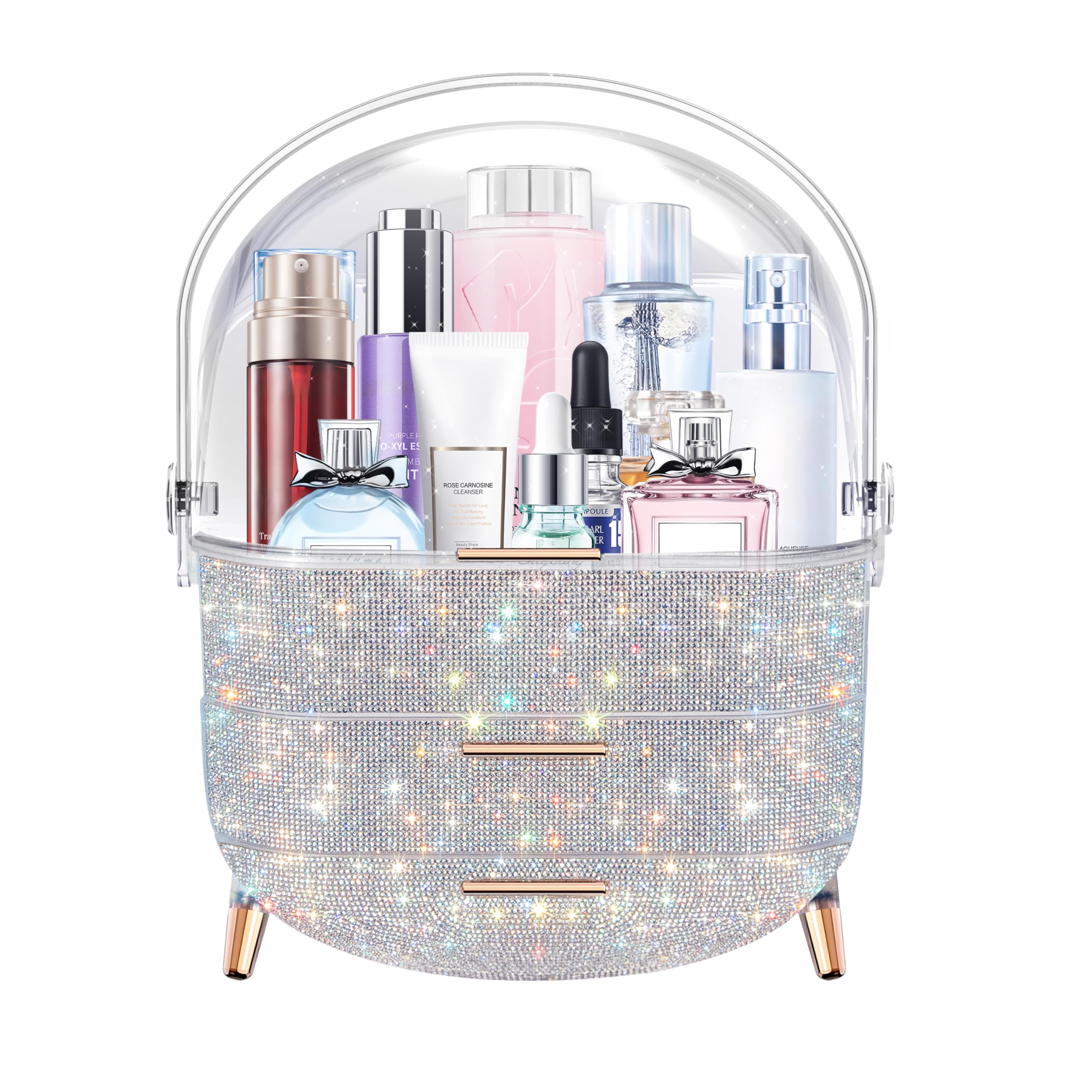 MASSY Egg Shape(Oval) Makeup Storage Box, Countertop Portable Vanity Cosmetics Organizer Preppy Style (Rhinestone)