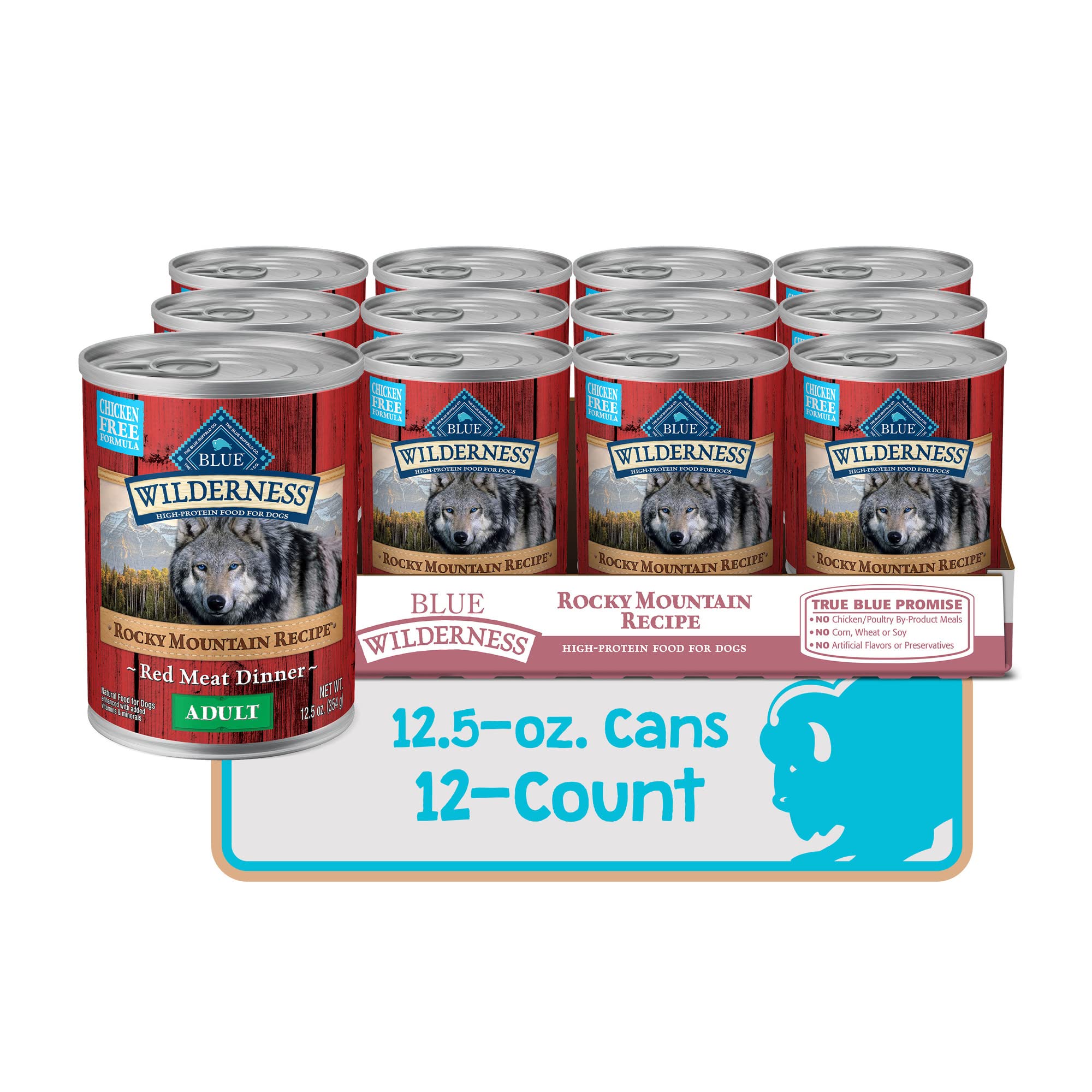 Blue Buffalo Wilderness Adult Wet Dog Food, High-Protein and Grain-Free, Made with Natural Ingredients, Rocky Mountain Recipe Red Meat Paté, 12.5-oz Can (12 count)