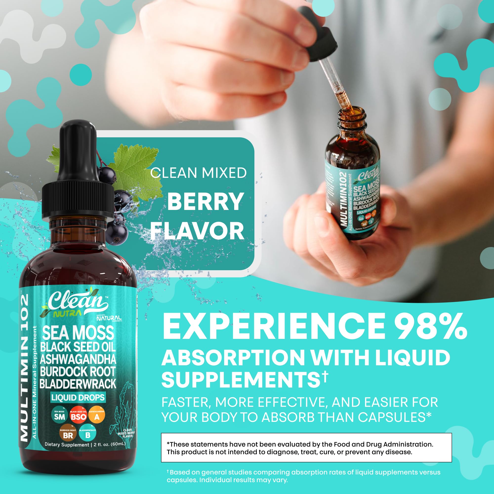 Clean Nutra Organic Sea Moss Drops Supplement | Black Seed Oil Irish Seamoss Ashwagandha Burdock Root & Bladderwrack - Multimineral Liquid Vegan for Gut Heath Energy Skin Immune Support & Hair