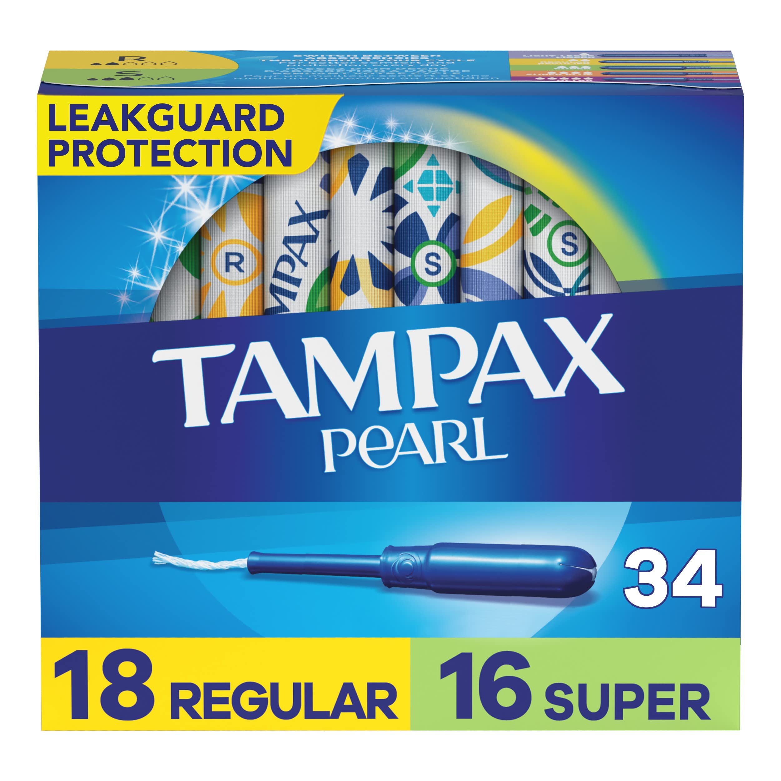 Tampax Pearl Tampons Multipack, Regular/Super Absorbency, With Leakguard Braid, Unscented, 34 Count