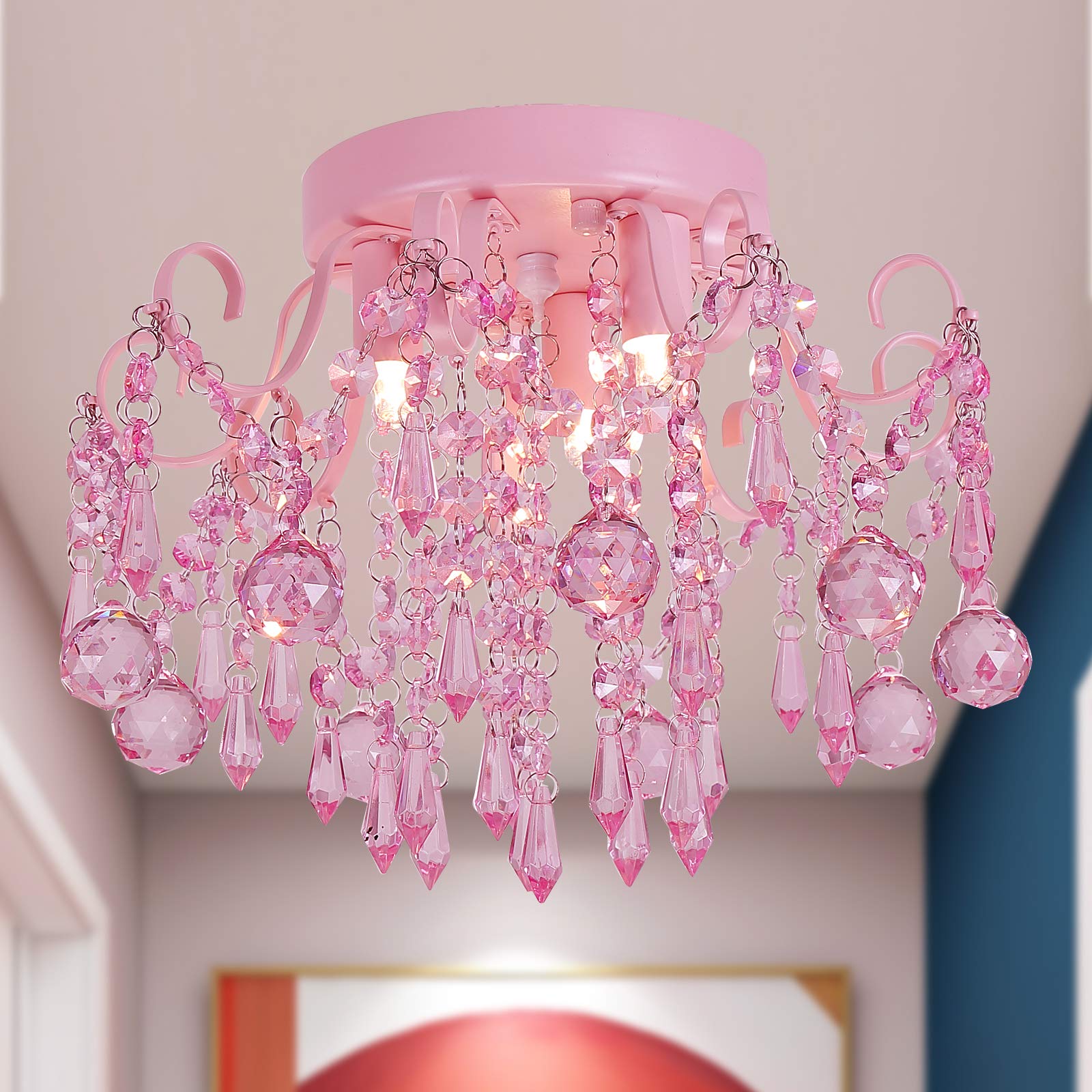 Q&S Mini Chandelier Crystal,Semi Flush Mount Pink Girl Chandelier, Small Crystal Ceiling Light Fixture Bedroom Bathroom Closet Nursery 3 Lights