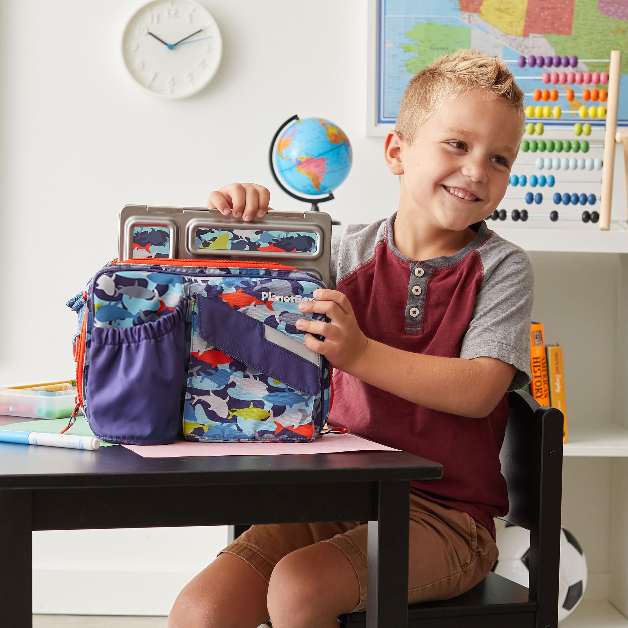 PlanetBox Rover Stainless Steel Bento Box Style Lunch Box Kit for Kids with 5 Compartments, Camo Shark Edition includes Insulated Lunch Bag, Leakproof Food Containers and Matching Magnets