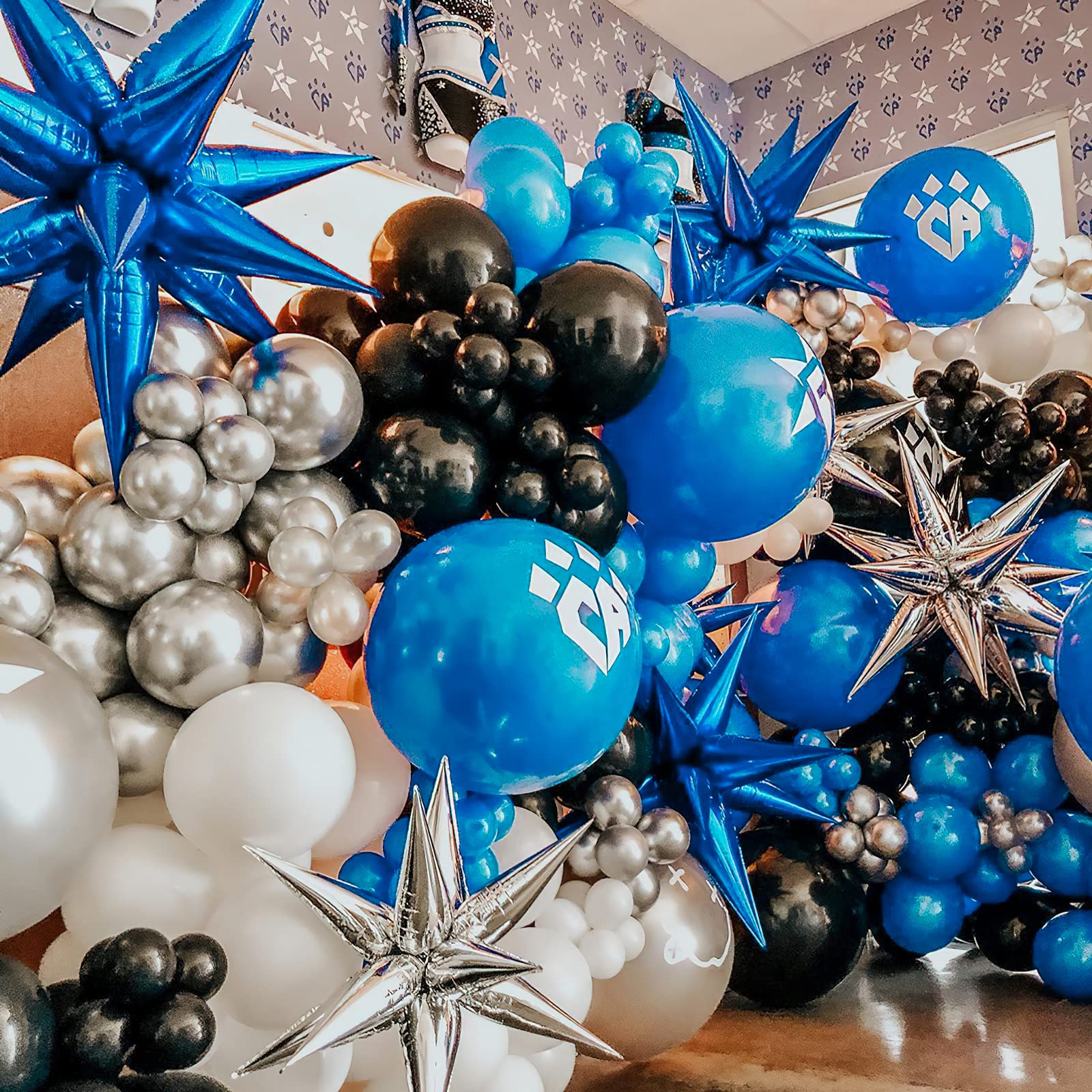 PartyWoo Royal Blue Star Foil Balloons 6pcs Different Sizes Pack of 27 22 Inch Large Starburst Spike Mylar Balloons for Gender Reveal Graduation Bachelorette Birthday Baby Shower Party Decorations