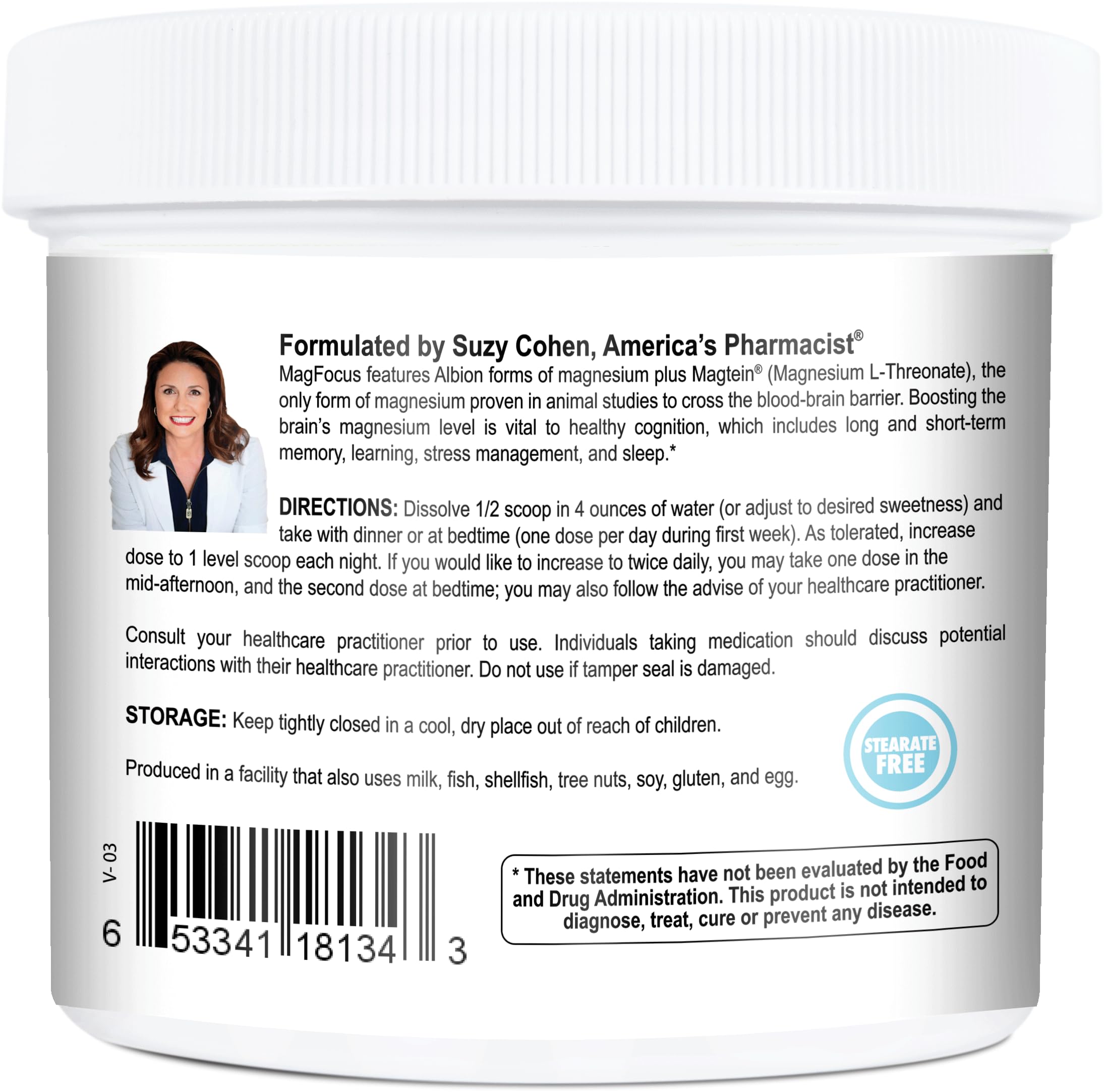 Suzy Cohen MagFocus Magnesium Threonate Powder Dietary Supplement 200mg, Healthy Nerve, Support Cognition, Energy, Bone Health, Stevia, Lemon Flavor, 60 Servings