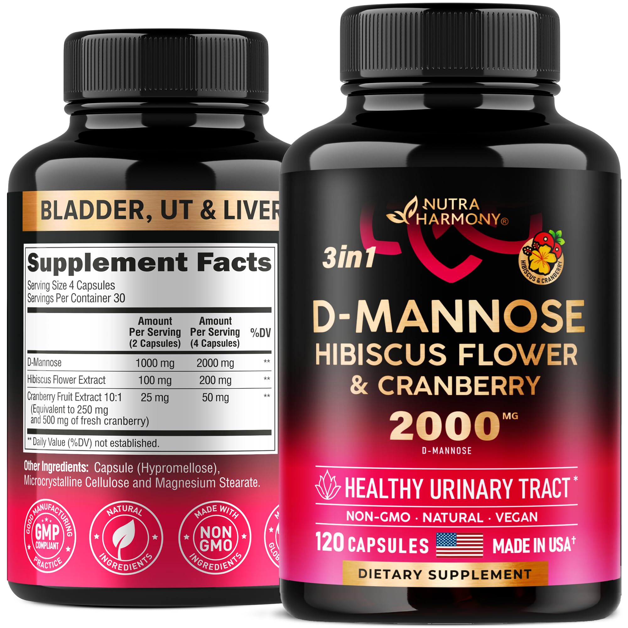 D-Mannose 2000mg Capsules - 3-in-1 Urinary Tract Health Supplement - Natural Bladder, Liver & Digestive Support with Cranberry & Hibiscus Flower - Made in USA - for Women & Men - 120 Vegan Pills