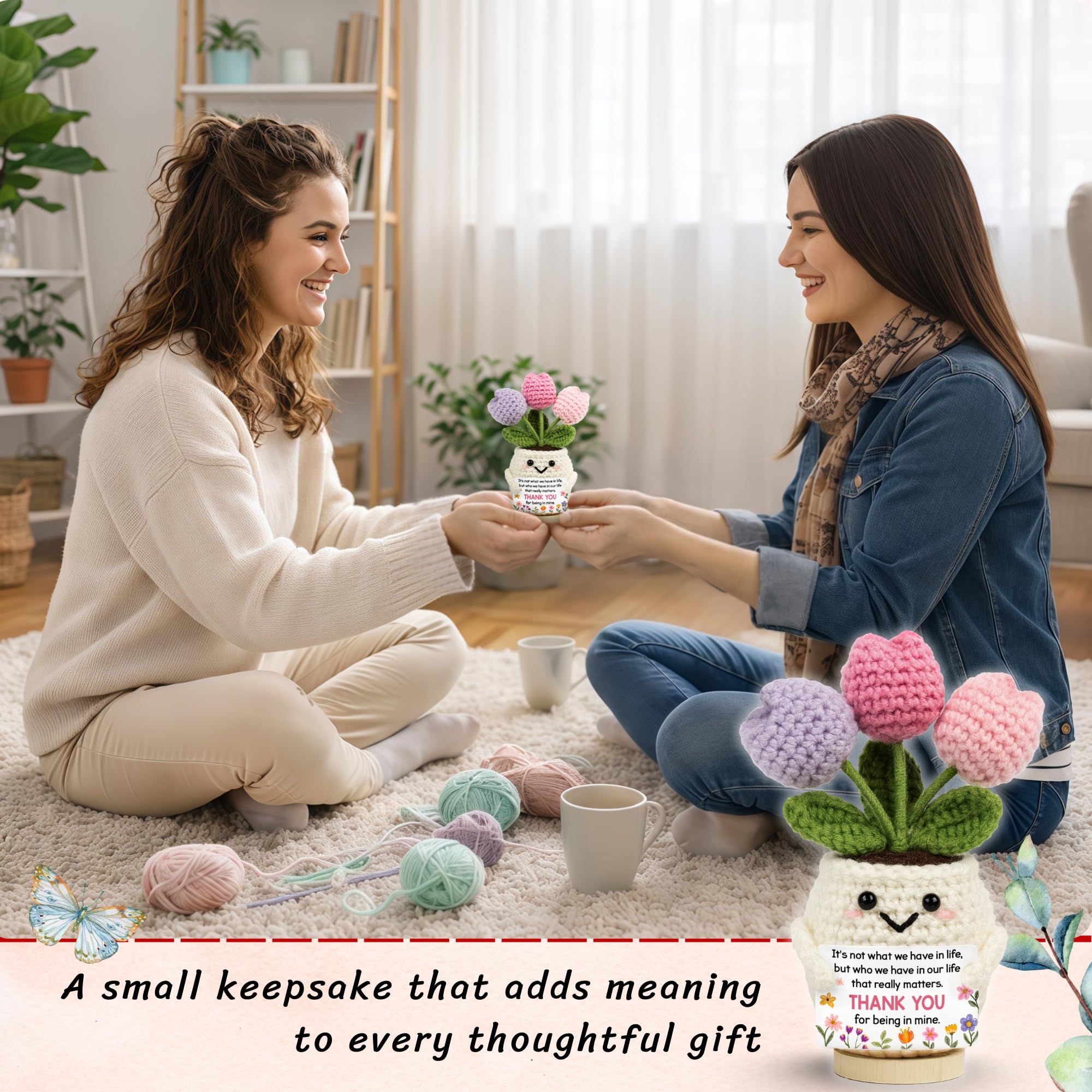 Lucagift Best Friend Friendship Gifts for Women - Funny Mothers Day Birthday Gifts for Friends, Bestie, BFF, Bestfriend, Female, Girls - 5.51'' x 4.13'' Knitted Positive Tulip Flowers Friend Crochet
