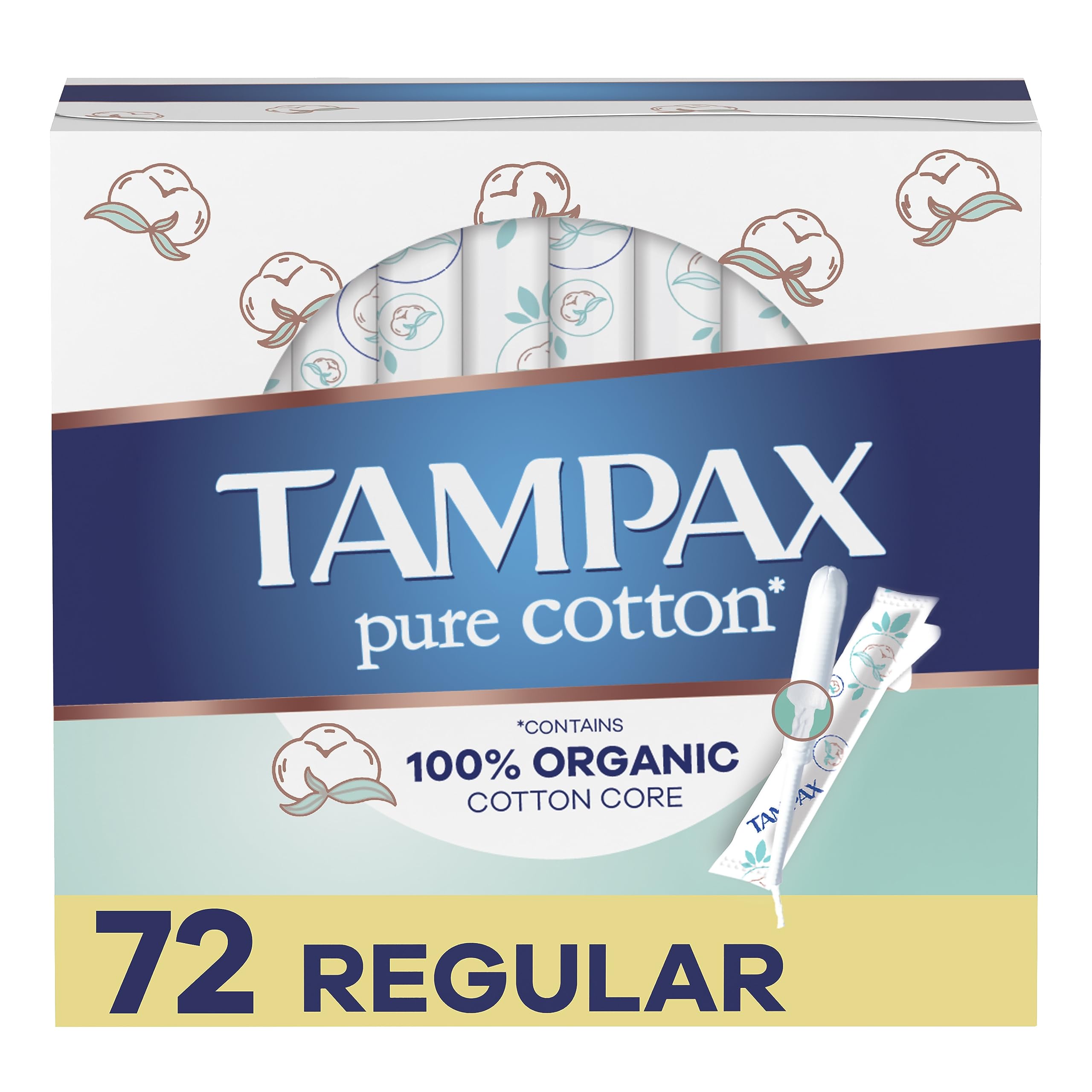 Tampax Pure Cotton Tampons, Contains 100% Organic Cotton Core, Regular Absorbency, Unscented, 24 Count x 3 Packs (72 Count Total)