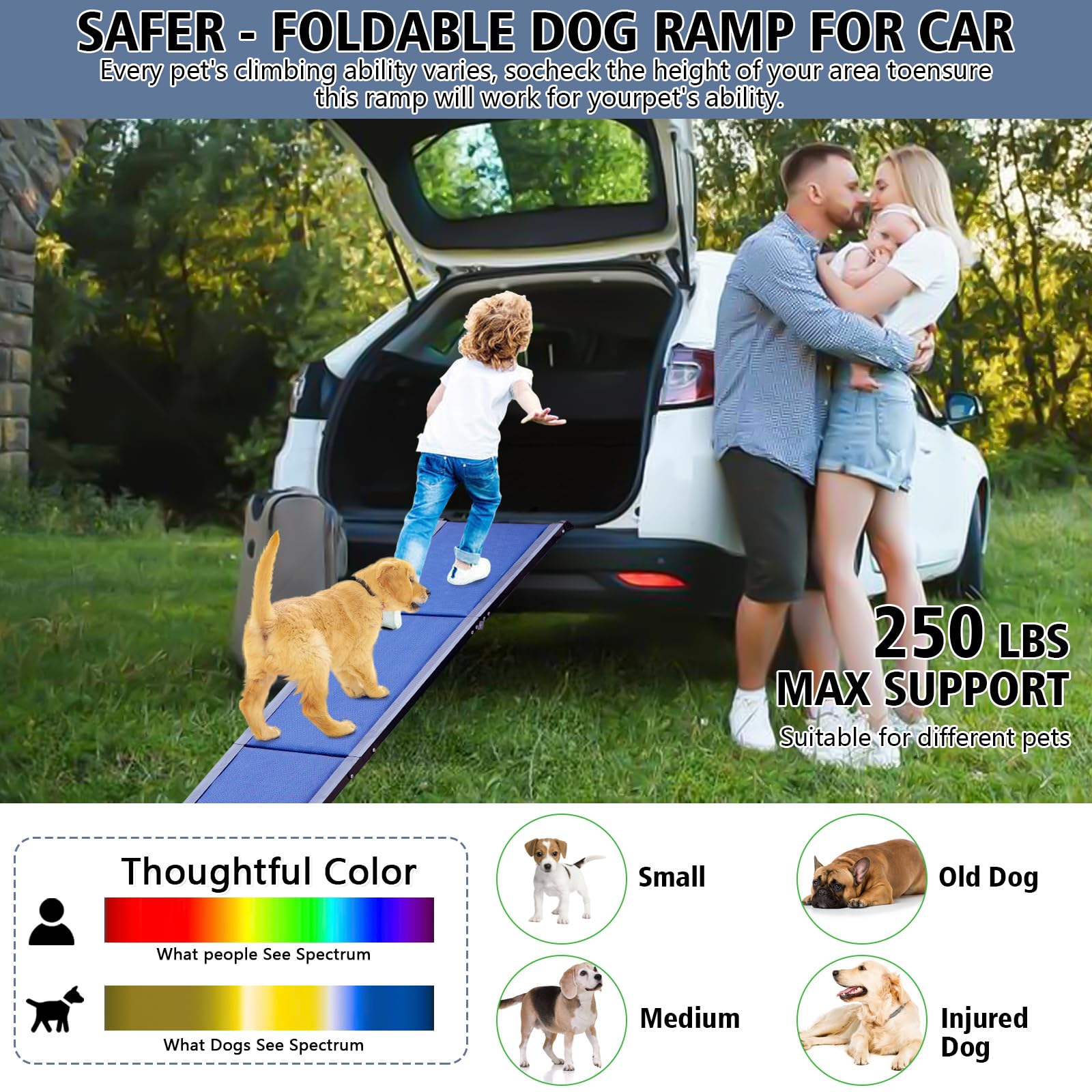 Dog Ramp for Car.71''Lx17.7''W Dog ramp for Bed,Sofa.Waterproof Non-Slip Dog ramps for Large Dogs,Old Dog,Medium Pets.Portable,Easy-Fold,Extra Long Aluminum Dog car ramp for Cars SUV,Truck(Blue)