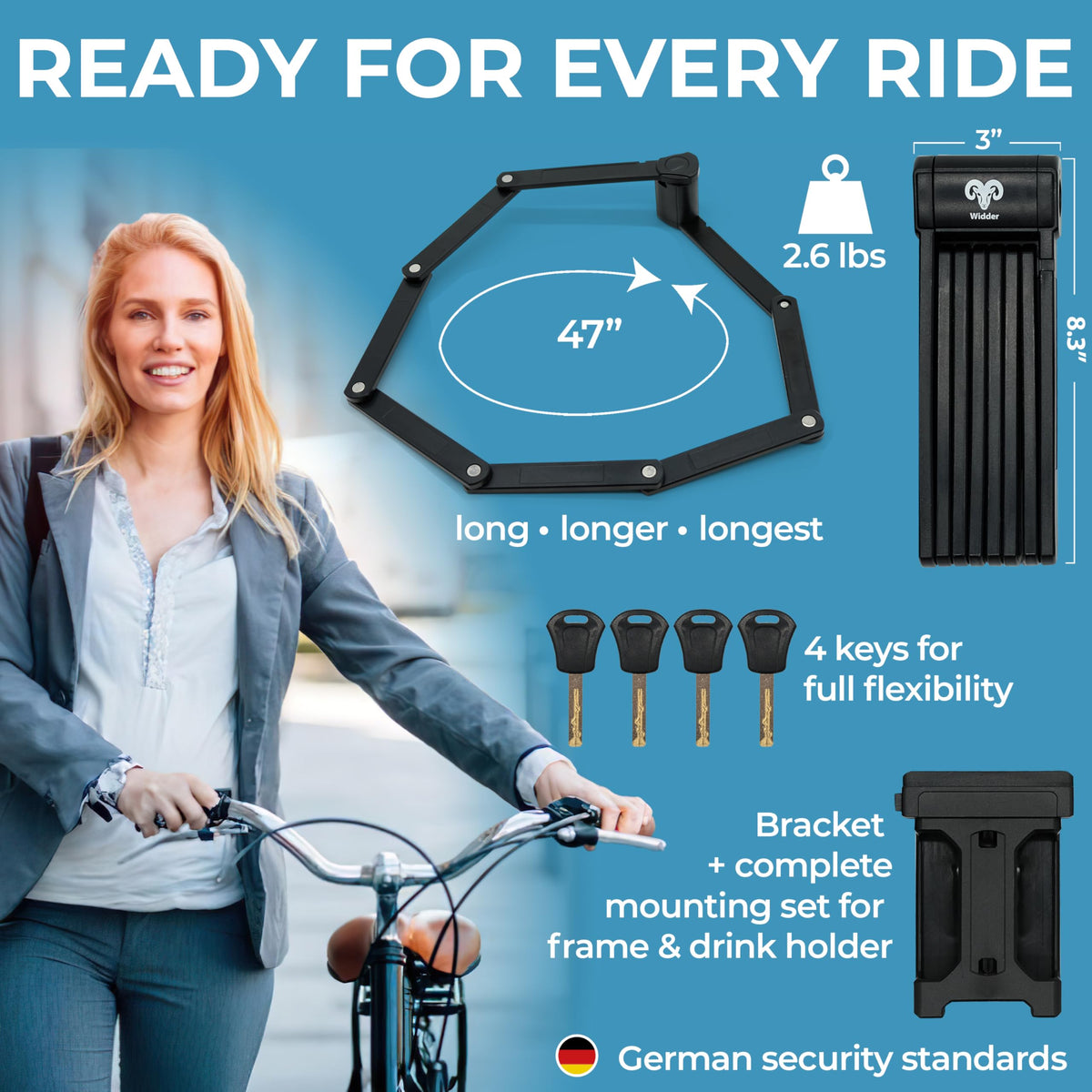 WIDDER Very long [47"] security folding lock - foldable bicycle lock with 4 keys | Folding bike lock with frame mount bracket, no rattling | Ideal as ebike lock, e scooter lock & bicycle lock with key