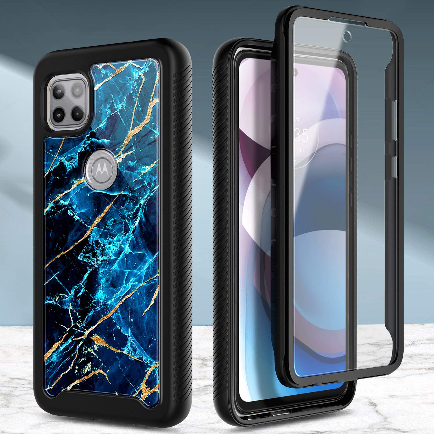 NZND for Motorola One 5G Ace (One 5G UW Ace) Case with Built-in Screen Protector, [16FT Military Grade Drop Tested] Full-Body Protective Shockproof Rugged Bumper Case (Marble Design Sapphire)