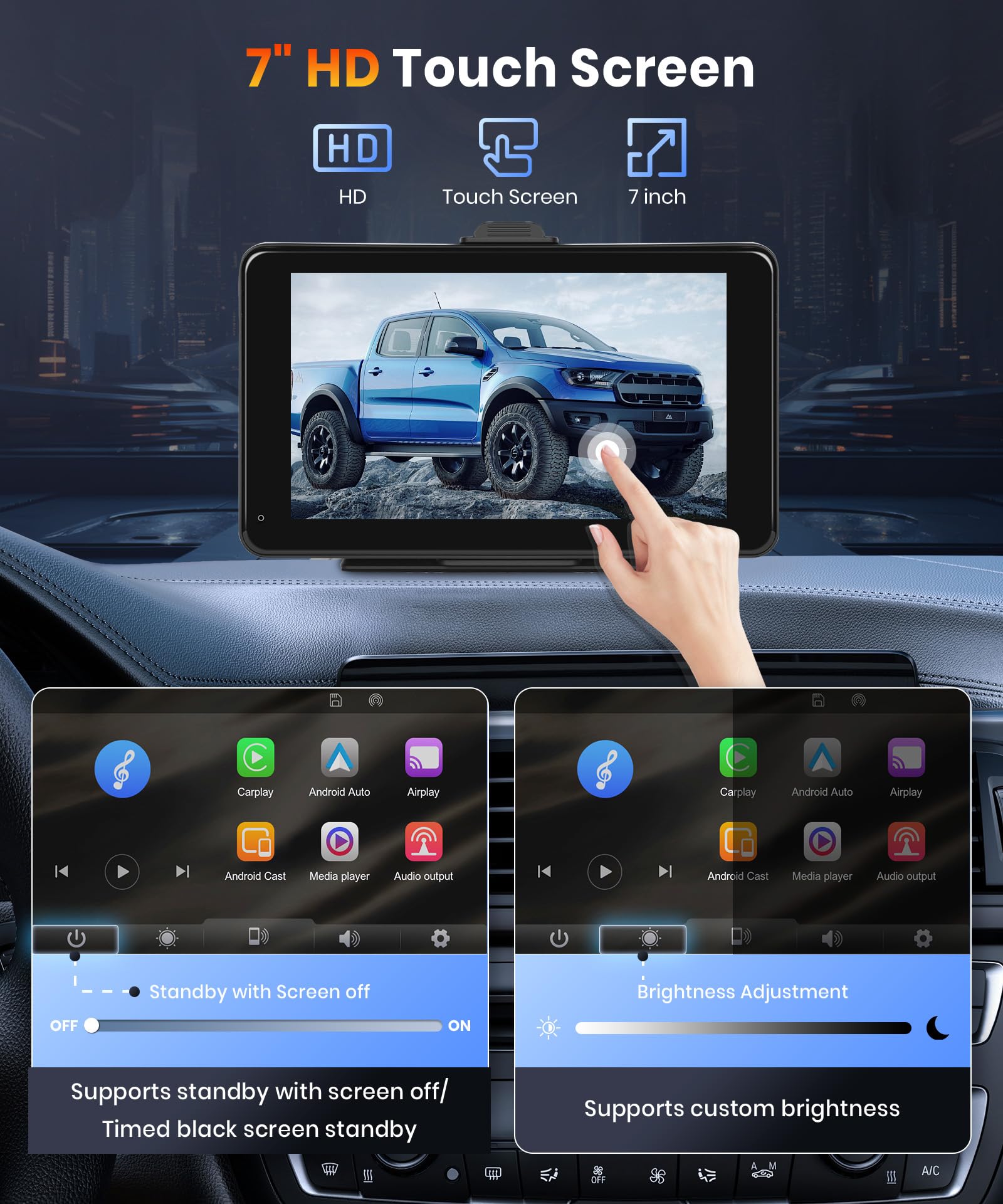 Portable Wireless CarPlay Screen for Car,7inch 1080P HD IPS Touchscreen Car Stereo with Wireless Android Auto,Portable Car Radio Support HD Backup Camera,Mirror Link,Bluetooth,FM,GPS,Voice Control,AUX