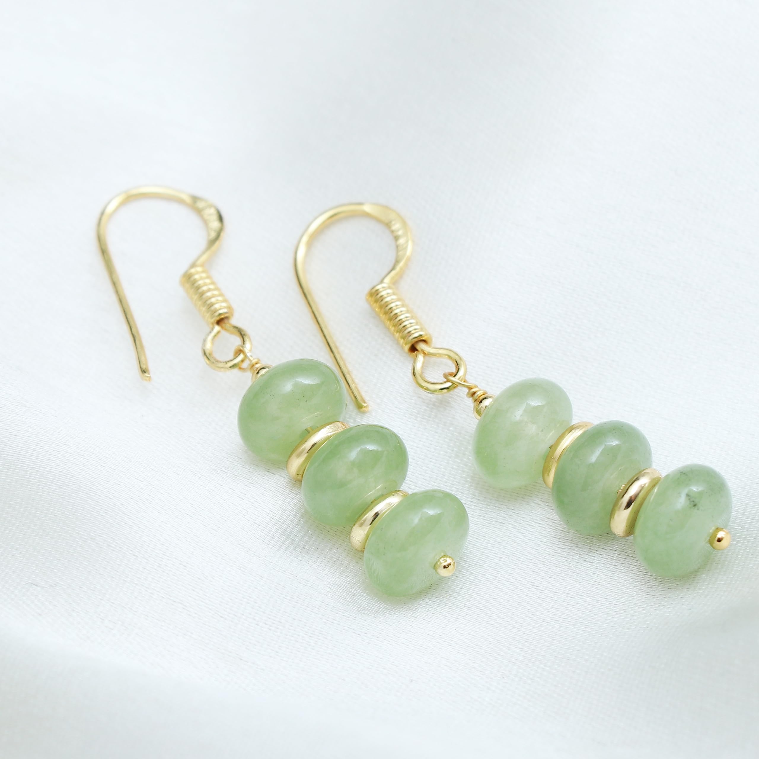 Gempires Prehnite Rondelle Beads Earrings, Dangling Earrings, Light Green Crystals,14k Gold Plated Hook Earrings, Handmade Earrings for Women, Western Jewelry (Quartz)