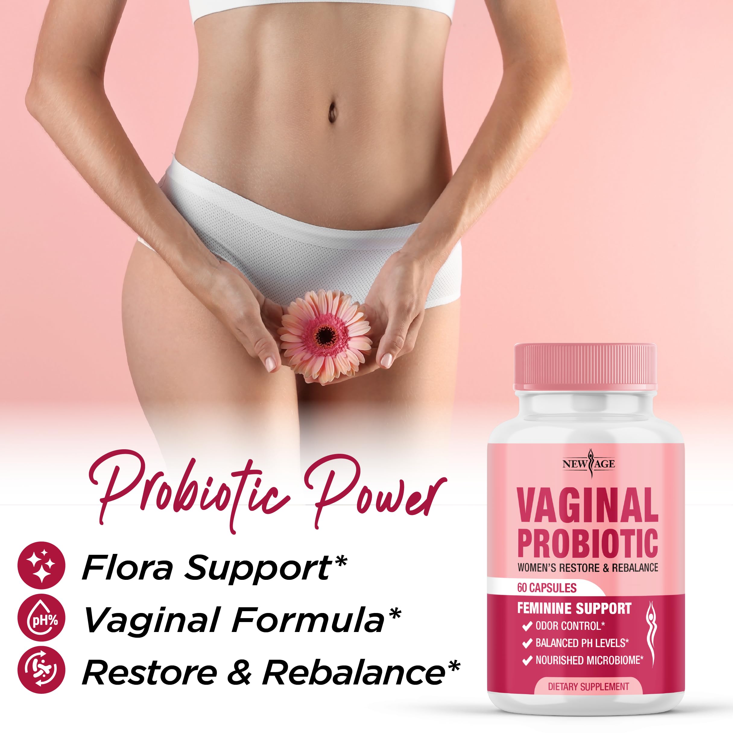 NEW AGE Vaginal Probiotics for Women with Prebiotics, Cranberry Extract, and a Lactobacillus Probiotic Blend, Supports Healthy pH Balance, Odor Control, Vaginal Flora - 120 Capsules