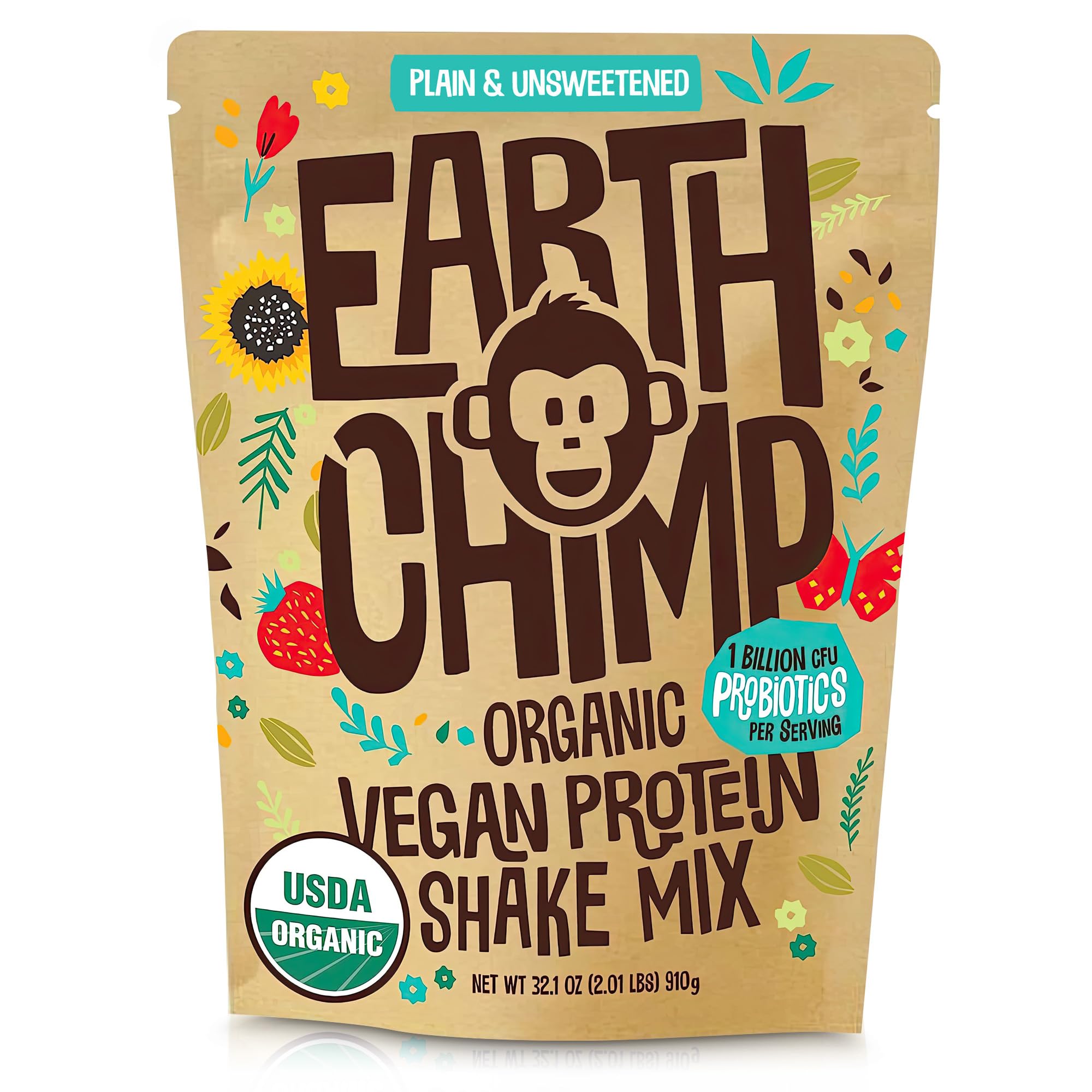 EarthChimp Organic Vegan Protein Powder - with Probiotics - Non GMO, Dairy Free, Non Whey, Plant Based Protein Powder for Women and Men, Gluten Free - 26 Servings 32 Oz (Plain & Unsweetened)