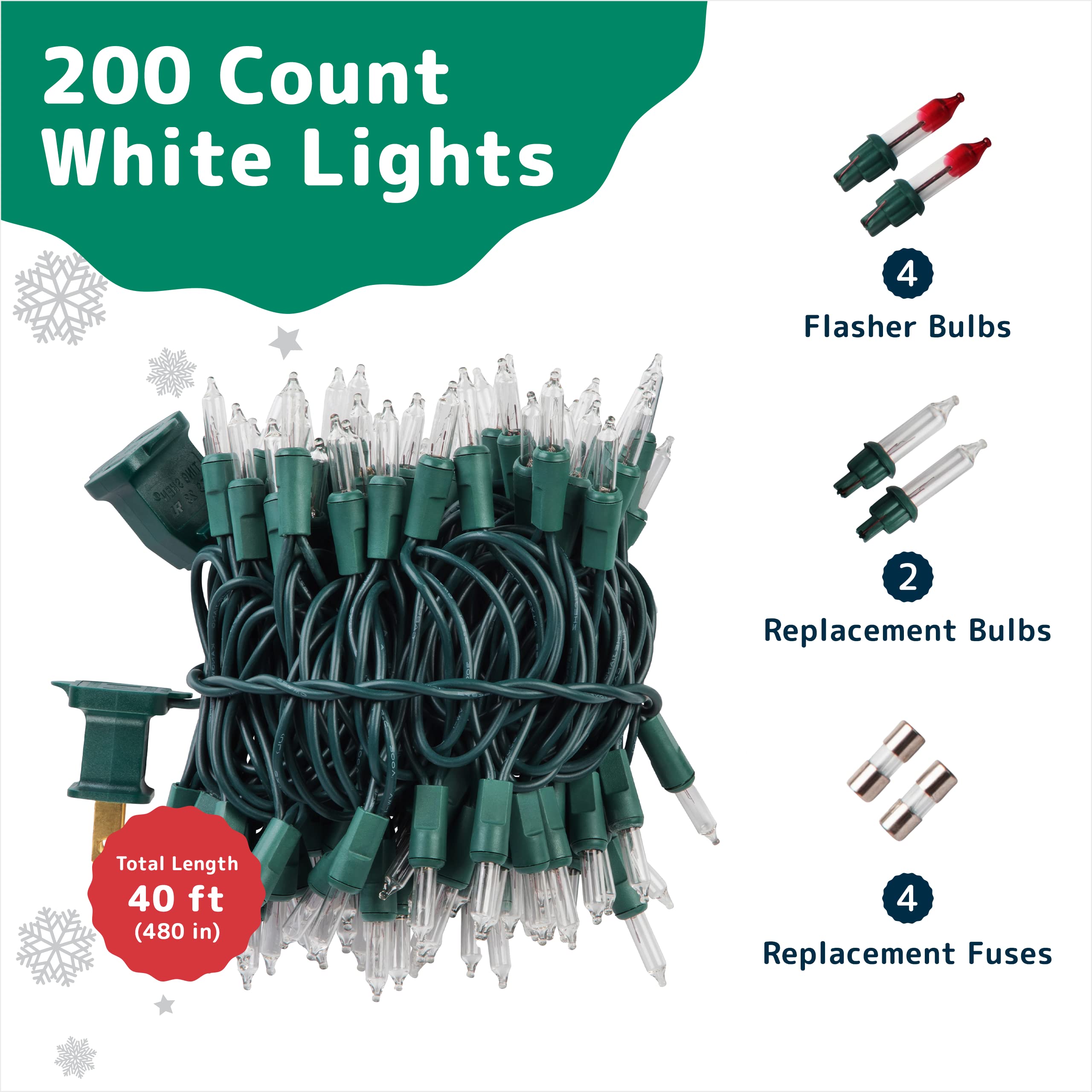 PREXTEX 200 Count Clear Christmas Tree Lights with Green Wire - 40 ft Warm White Twinkle Lights for Indoor or Outdoor Use - Holiday Fairy String Lights for Christmas Trees, Patios, and More