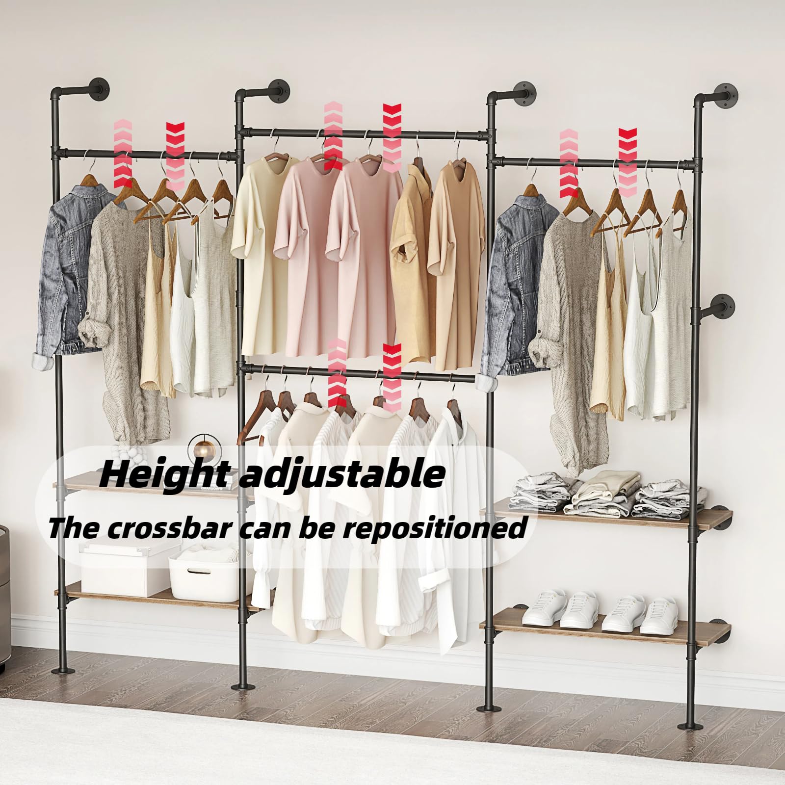 Woskar Industrial Pipe Clothing Rack, Wall Mounted Clothes Rack for Hanging Clothes, Retail Display Rack with Shelves, Add Corner installation Method (Black, III-2Tier)