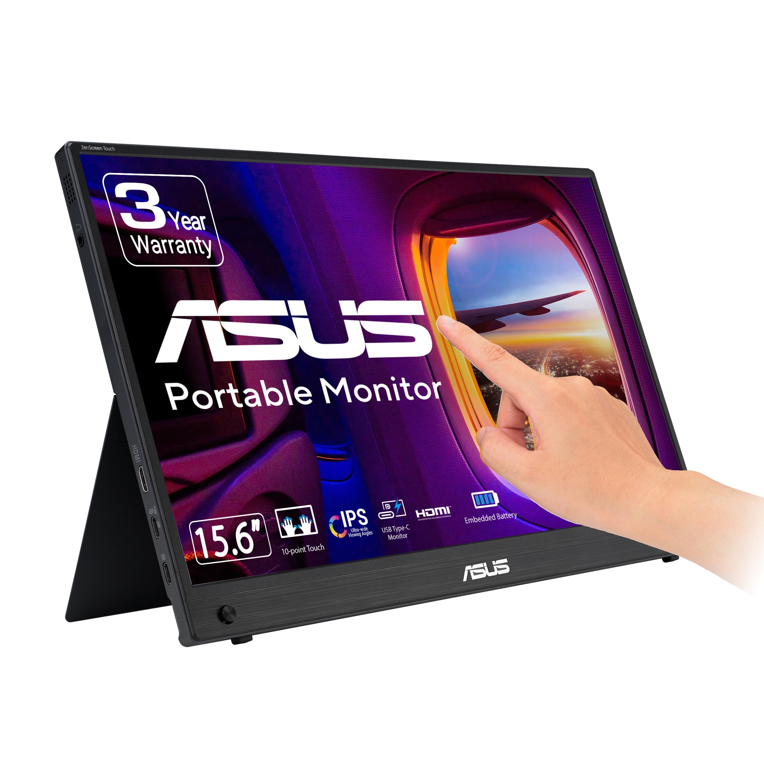 ASUS ZenScreen Touch 16” USB-C Portable Monitor (MB16AMTR) - Full HD, IPS, Built-in Battery, Kickstand, Tripod Socket, Eye Care, Compatible with Laptops, Smartphones and Game Consoles, 3 yr Warranty