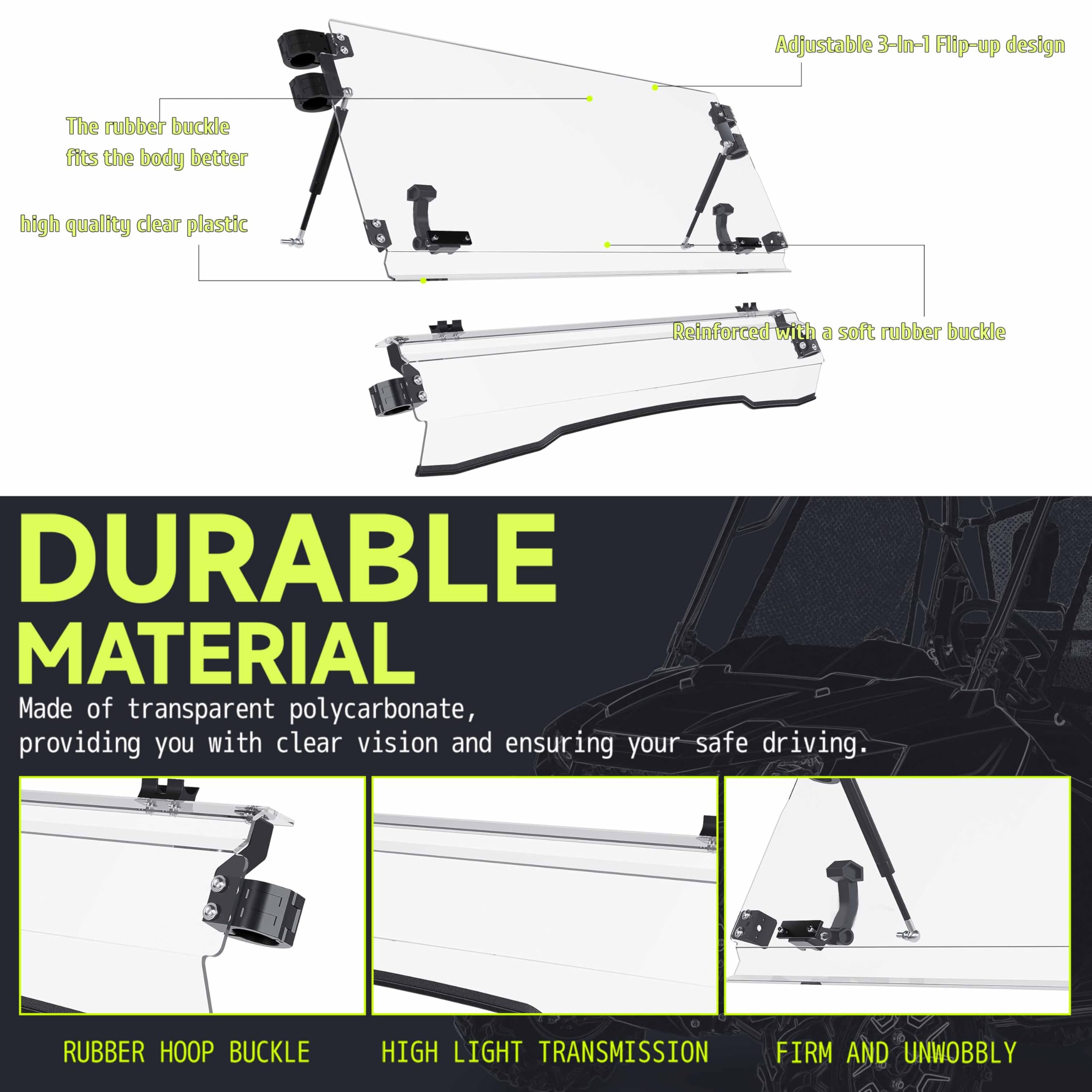 HECASA 2-IN-1 Folding Windshield Compatible with 2015+ Kawasaki Mule Pro FXT/DXT/DX/FX Clear Flip Windscreen Gas Spring Included Heavy Duty Scratch Resistance