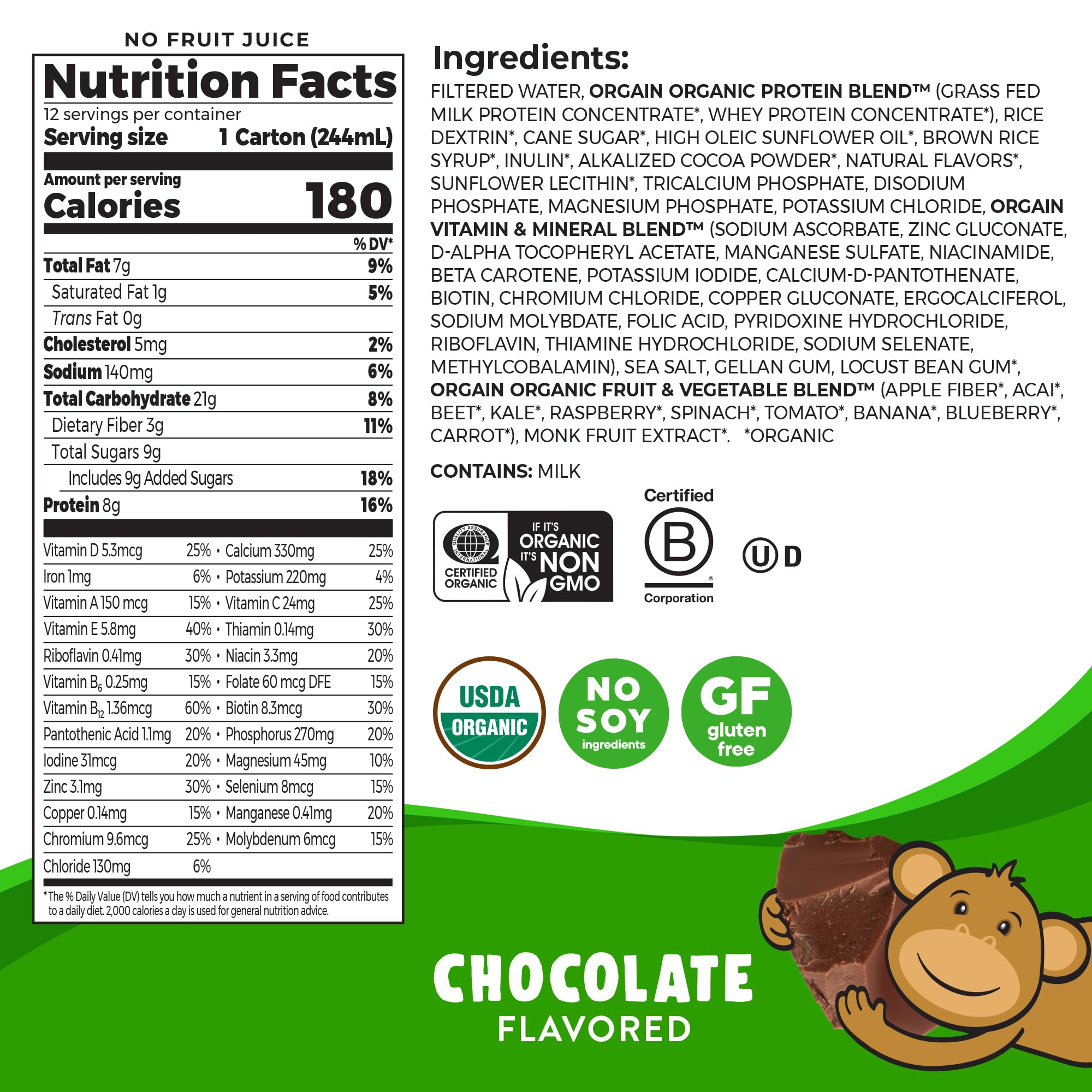 Orgain Organic Kids Nutritional Protein Shake, Chocolate, Healthy Kids Snacks, 8g Dairy Protein, 3g Fiber, 22 Vitamins & Minerals, No Soy Ingredients, Gluten Free, Non-GMO, 8.25 Fl Oz (Pack of 12)