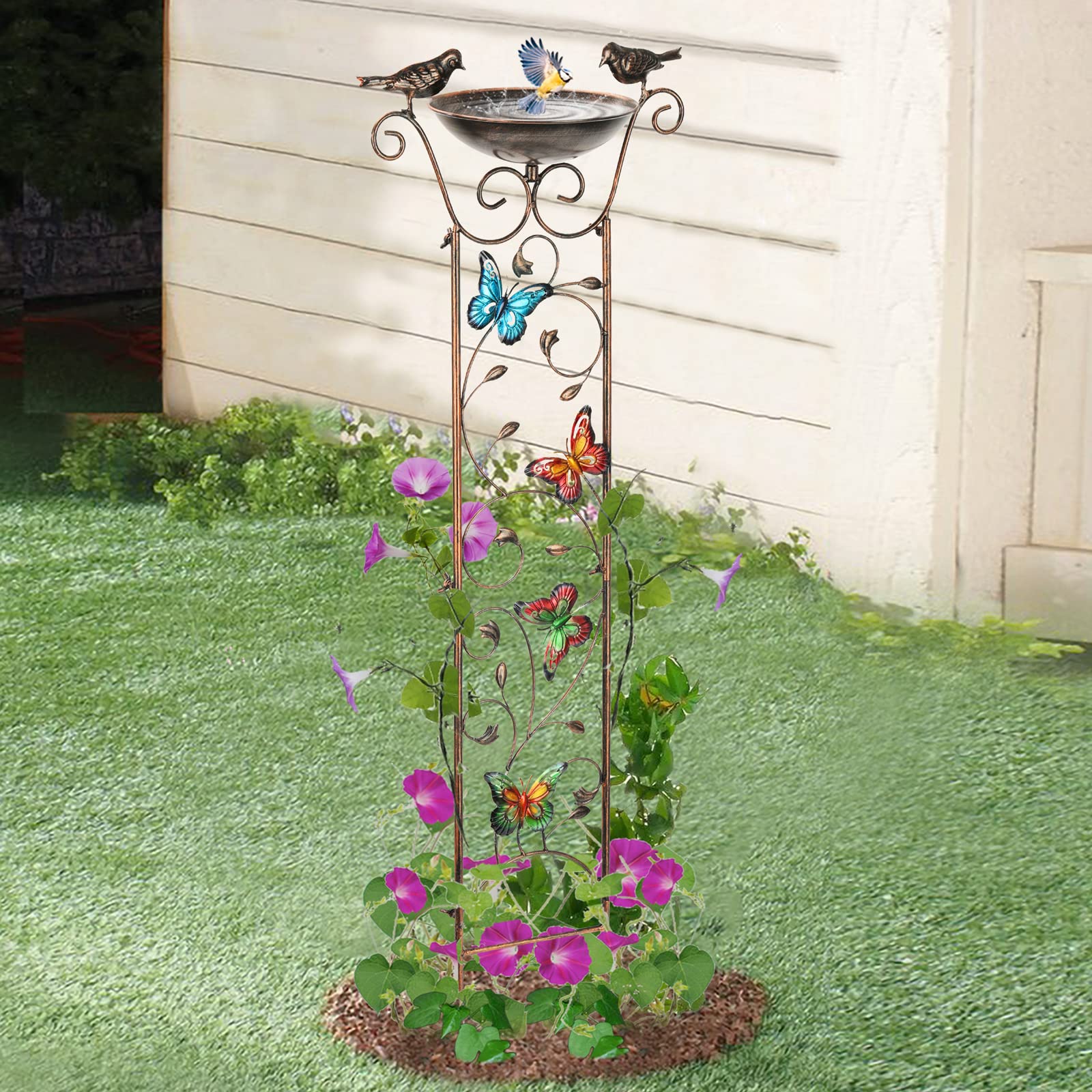 SUNNYPARK Bird Bath with Trellis Outdoor, Antique Garden Iron Trellis with Decorative Butterflies Detachable Bird Bowl Metal Potted Plants Support for Climbing Flowers