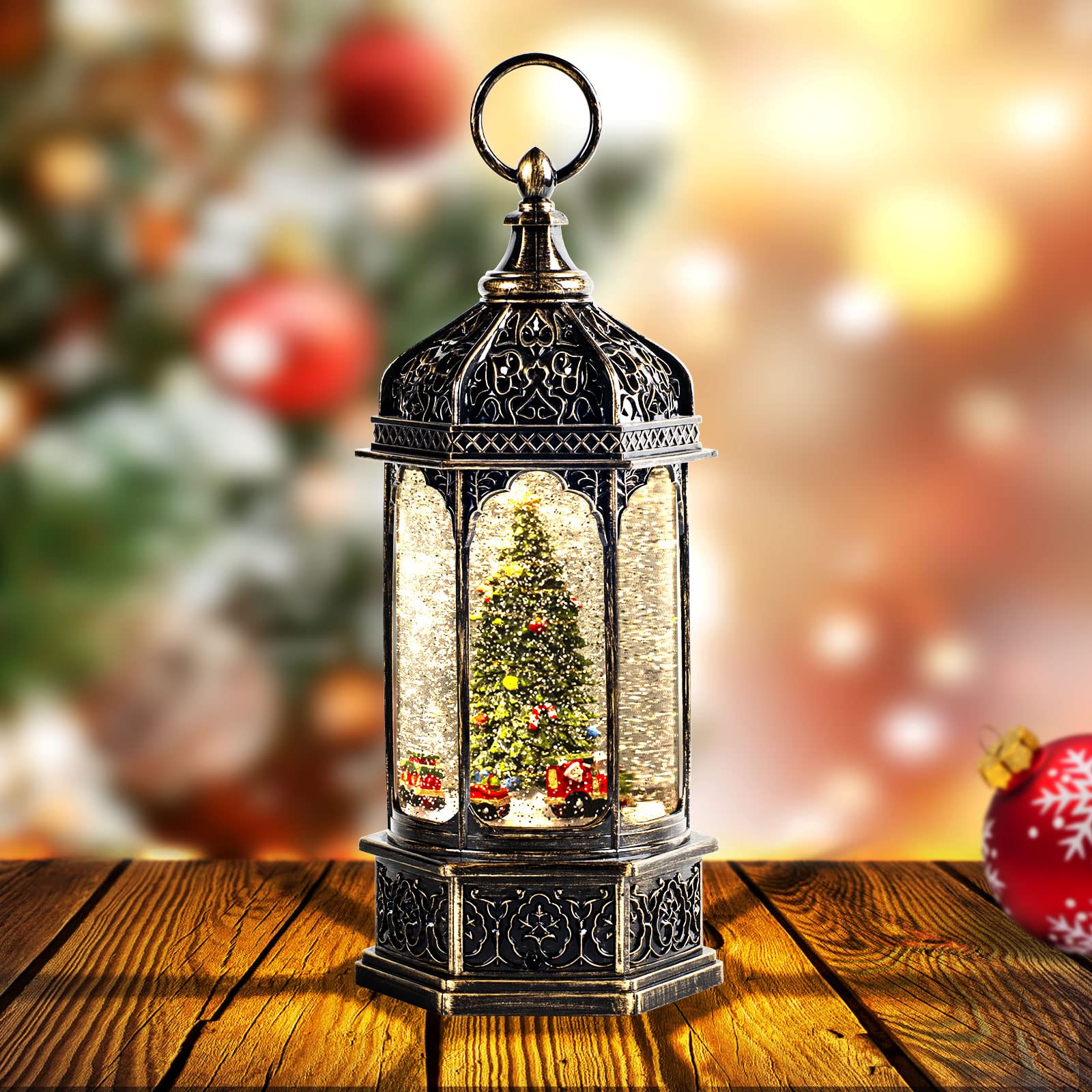 Christmas Snow Globes,Snow Ball Christmas with Music,6H Timer Cylindrical Flashing Snow Ball,Bronze Christmas Music Box Including 8 Songs, Lantern with Christmas Tree