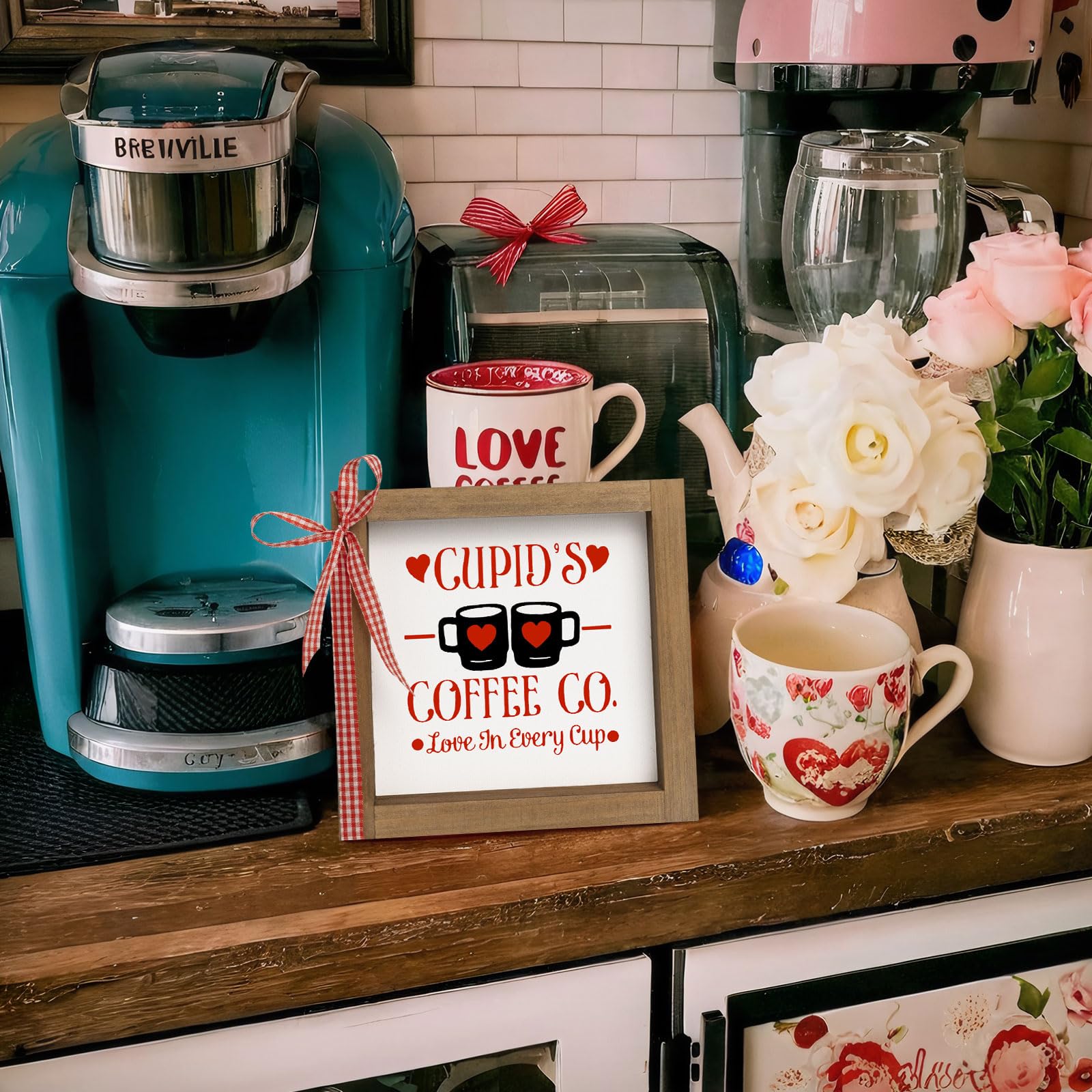 flangairy Valentines Day Coffee Bar Sign Decor, 6x6 In Wood Framed Cupid’s Coffee Bar Decorations for Farmhouse Kitchen Home Table Tiered Tray