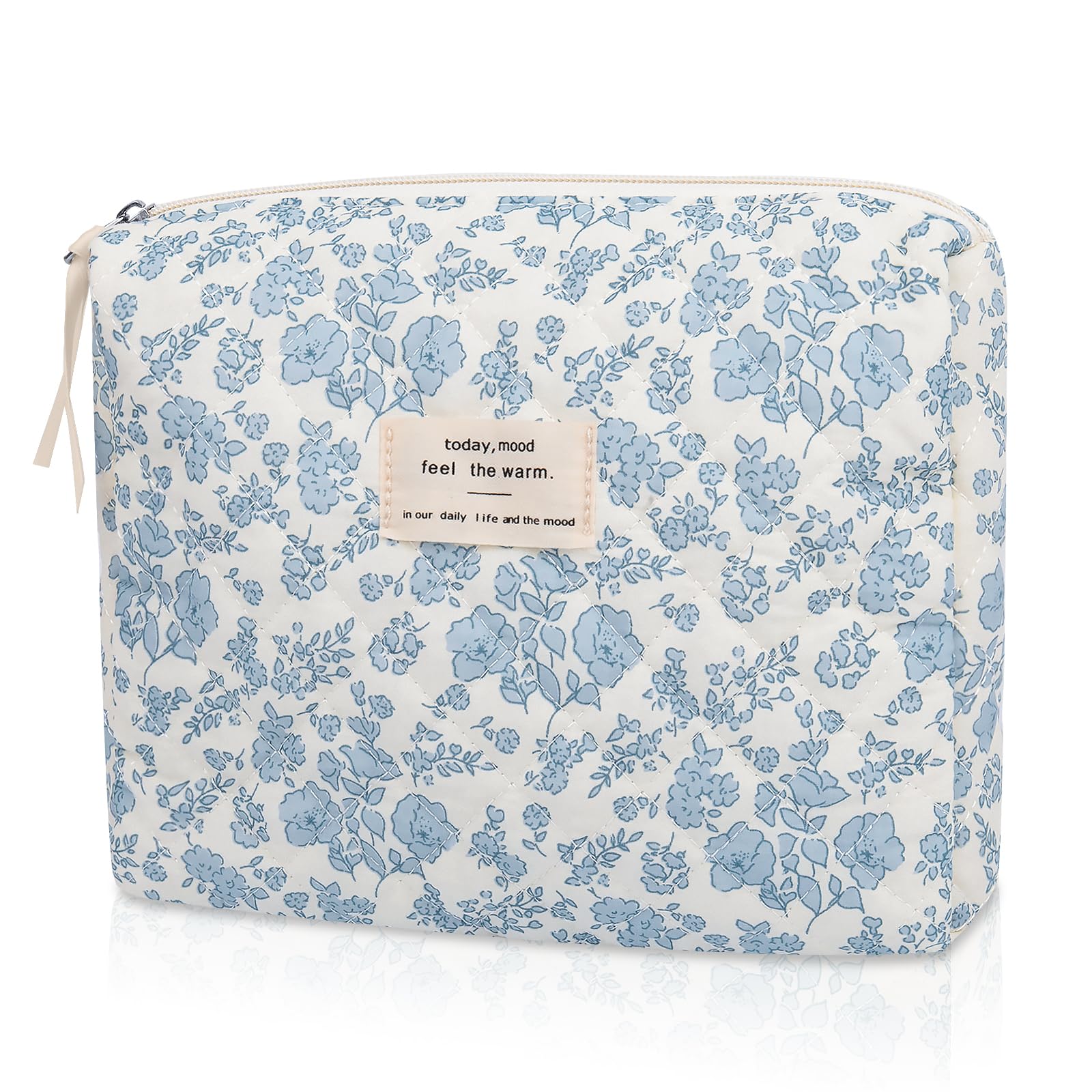 Floral Makeup Bag, Small Cosmetic Bag for Women Girls, Cute Cotton Makeup Bag, Quilted Makeup Bags, Flower Travel Toiletry Organizer Bag(Blue Floral)