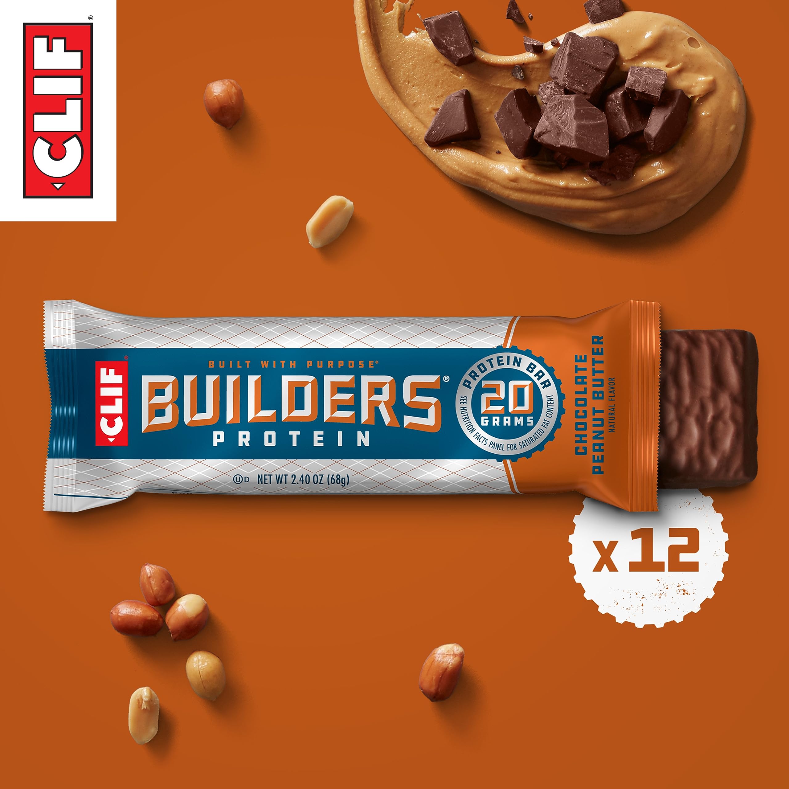 CLIF Builders - Chocolate Peanut Butter Flavor - Plant Based Protein Bars - Gluten Free - Non-GMO - Low Glycemic - 20g Protein - 2.4 oz. (12 Pack)