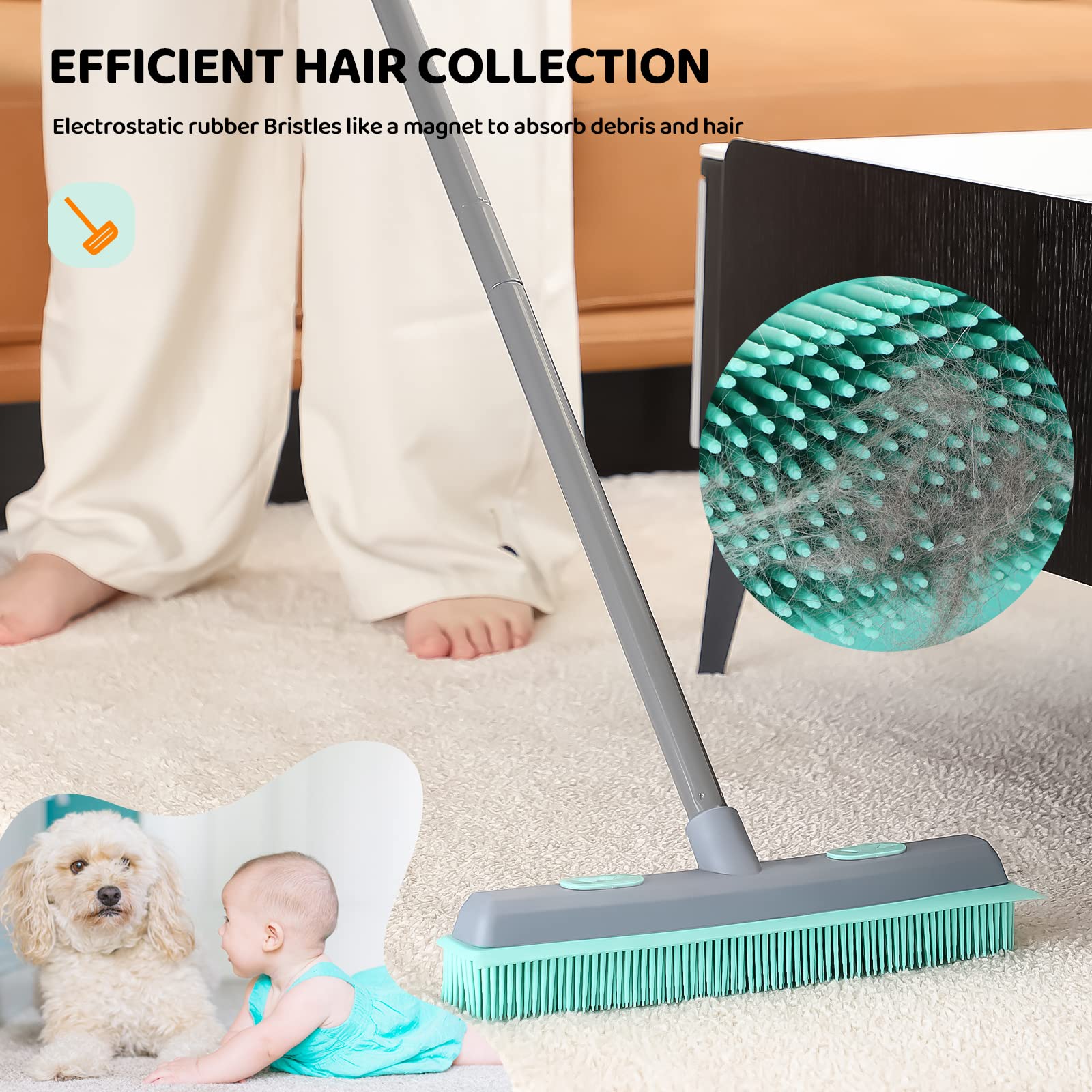 Conliwell Rubber Broom Carpet Rake for Pet Hair, Fur Remover Broom with Squeegee, Portable Detailing Lint Remover Brush (Iron)