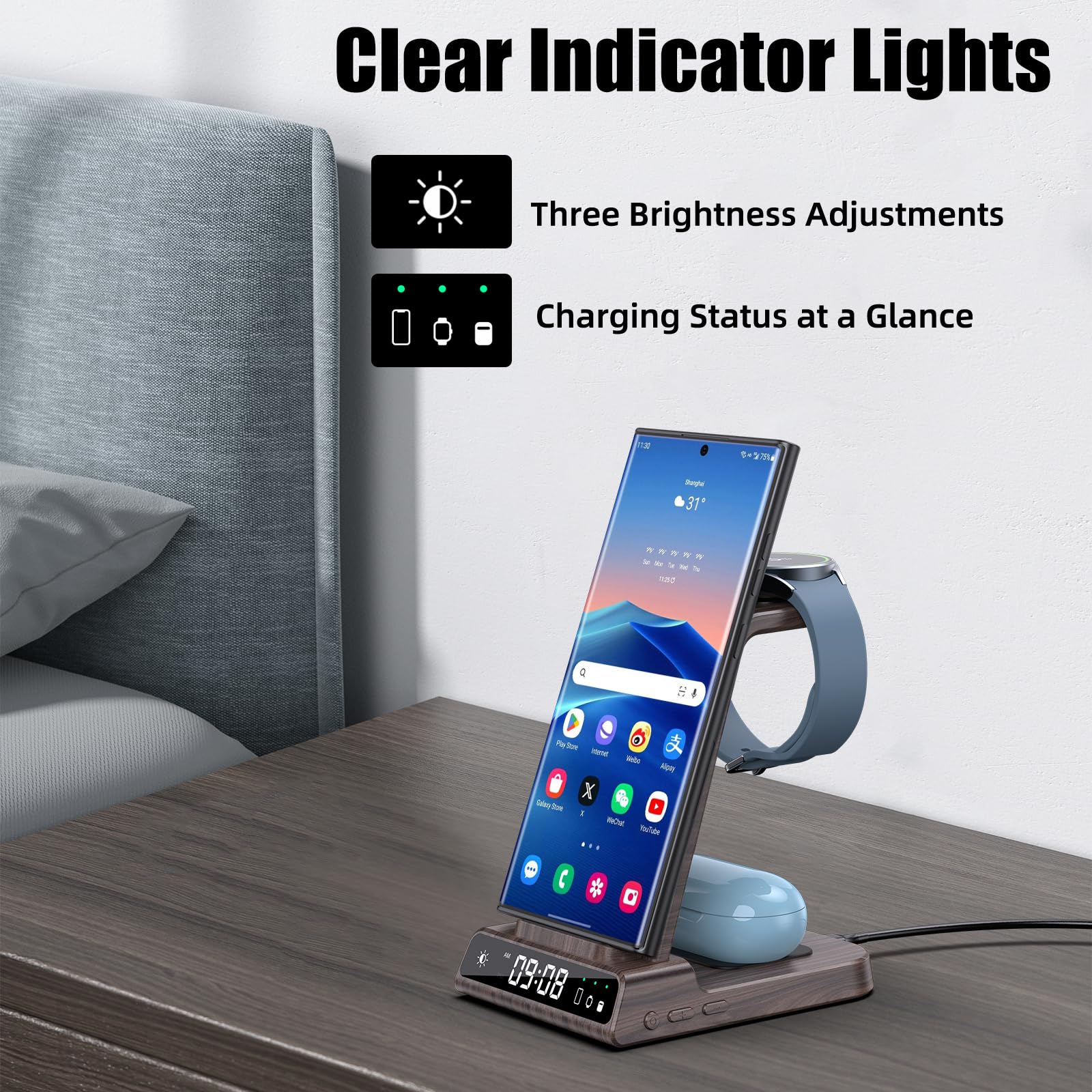 Wireless Charger for Samsung Charging Station, 3 in 1 Android Phone Wireless Charger for Samsung Galaxy S24 Ultra/S23 Ultra/Z Flip 6/Fold 6/Buds, Charger for Galaxy Watch 7/6/5/4 (for Samsung Only)