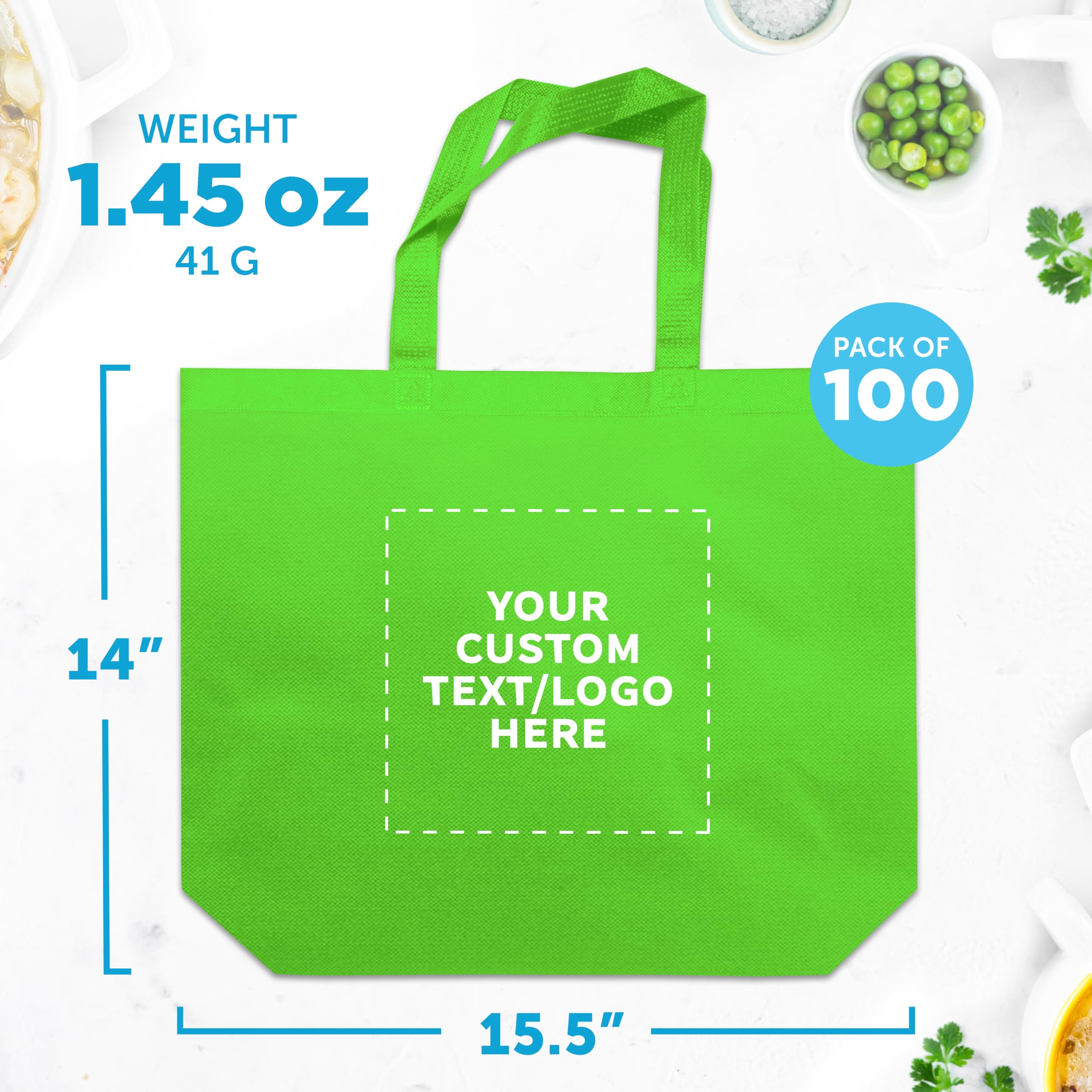 DISCOUNT PROMOS Custom Jumbo Sized Tote Bags Set of 100, Personalized Bulk Pack - Reusable Grocery Bags, Shopping Bags, Promotional Item Totes for Women - Lime Green